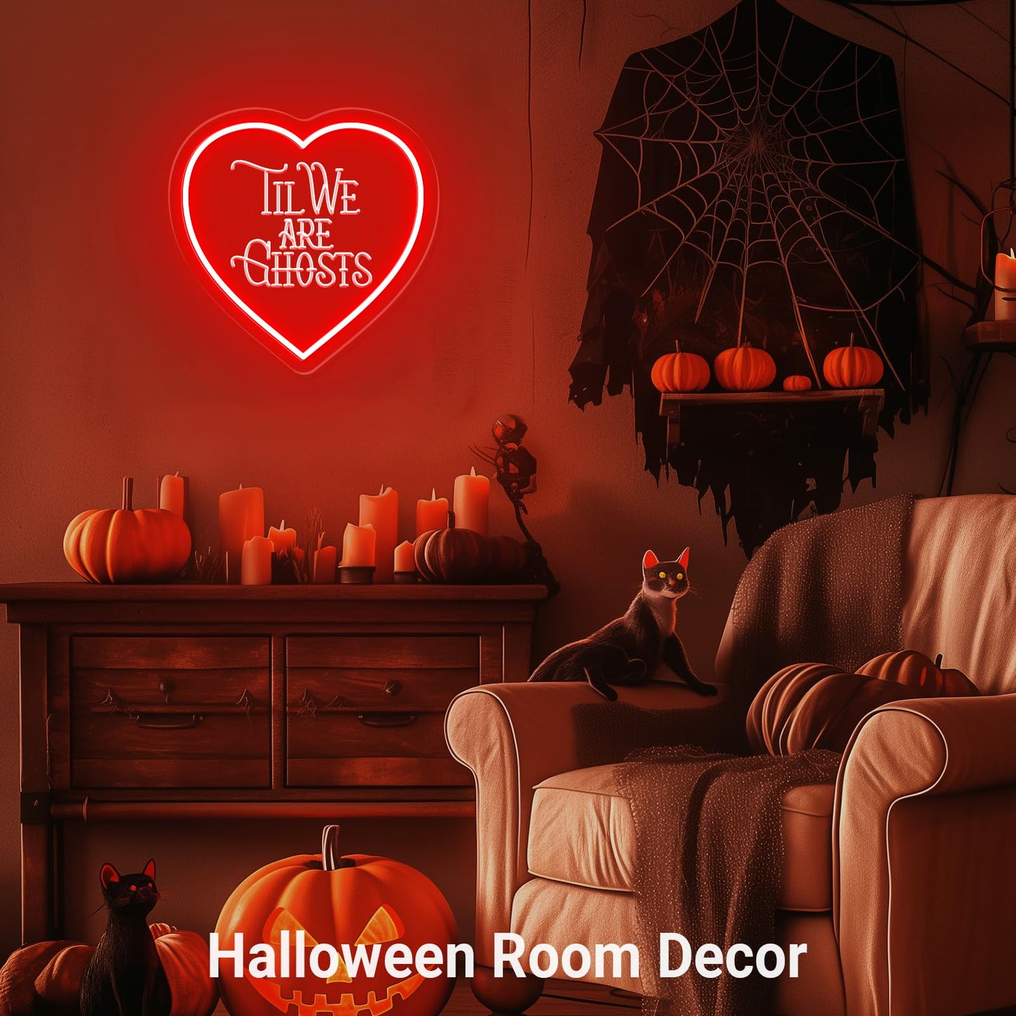 Til We Are Ghosts Neon Sign, Halloween Decoration Red Heart Shape Gothic LED Sign,Creepy Spooky Gothic Room Window Bedroom Wall Decor, for Wedding Decor, Anniversary Engagement Gift