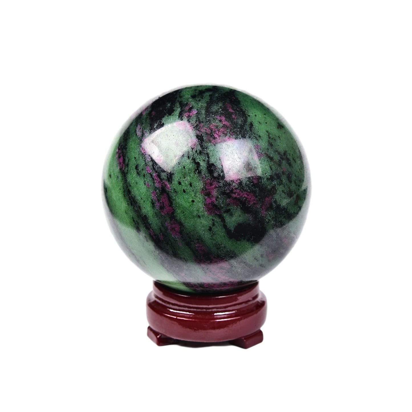 JIC Gem Crystal Sphere Ruby Zoisite Healing Ball With Wood Base - Red&Green Treasure Gemstone for Reiki Chakra Decor (70-80mm)