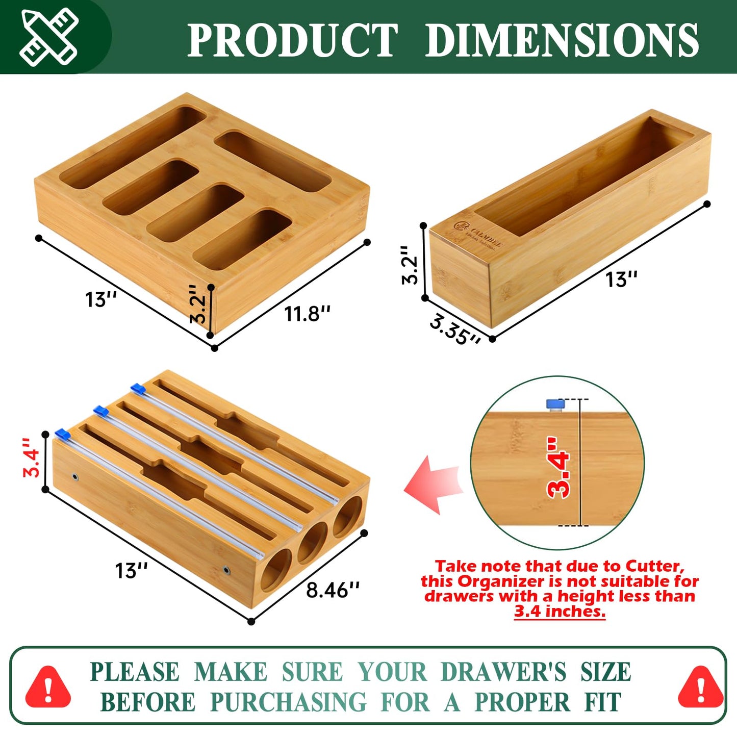 Calmbee 9 in 1 Bamboo Storage Bag Organizer for Kitchen Drawer – Plastic Wrap Dispenser with Cutter & Foil Organizer, Wooden Baggie Organizer for Sandwich, Snack, Gallon, Quart Sizes, Natural
