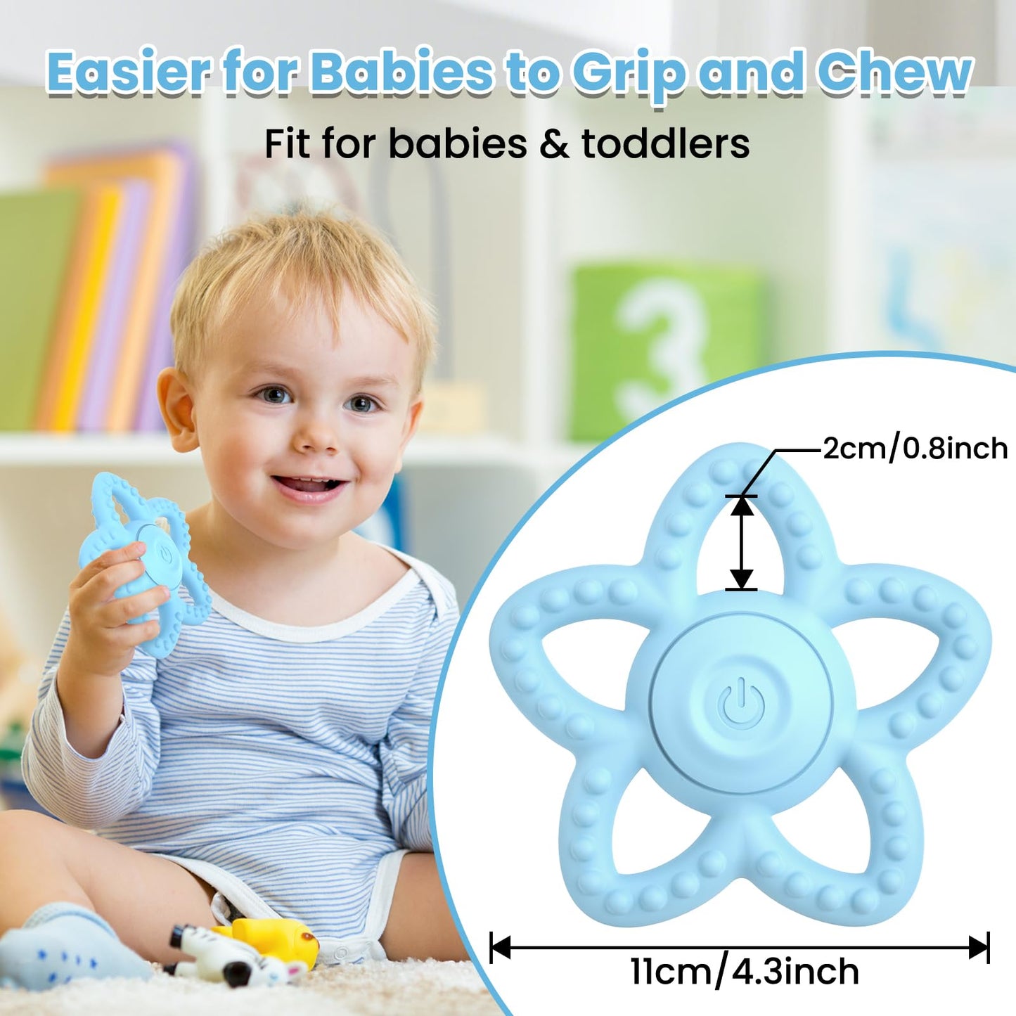 Vibrating Sensory Chew Toy - Dual Use Teethers for Babies 3-6 Months/6-18 Months & Autism Chew Toys, Baby Teething Toys with 3 Vibration Modes, Sensory Toys for Kids with Autism (Blue)