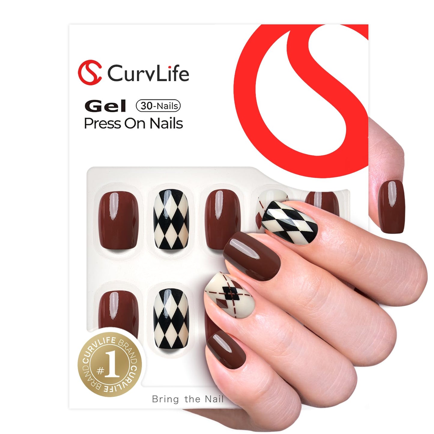 CurvLife Soft Gel Square Press On Nails Short, Long-Lasting Reusable Geometric Brown Black Fake Nails Kit with Glue, 30pcs Salon-Quality Stick On Nails for Women At-Home Manicure