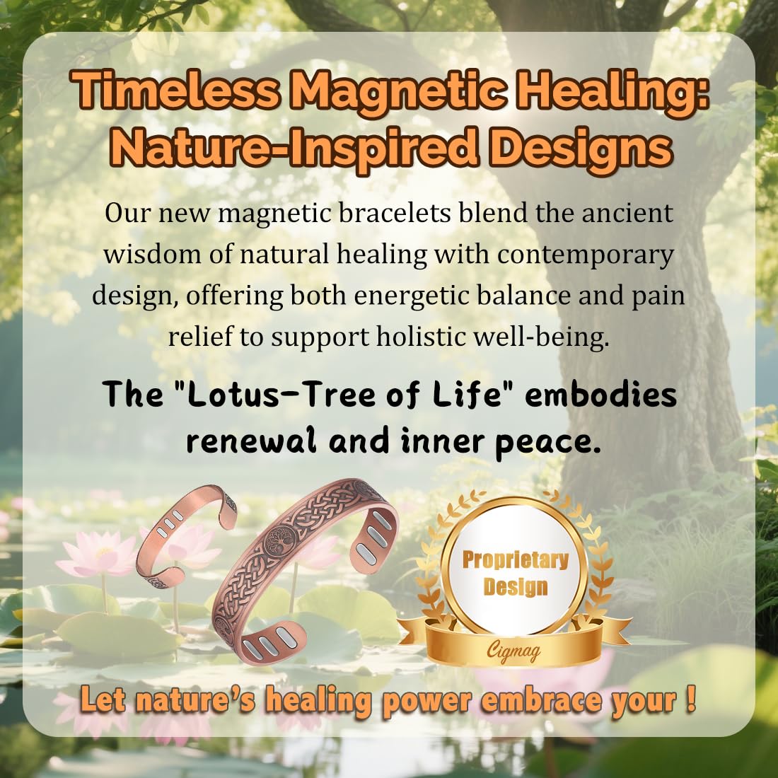 Cigmag Copper Magnetic Bracelet for Men, with Powerful 9X 5000 Gauss Magnets, Adjustable Solid Pure Copper (Lotus Life Tree)