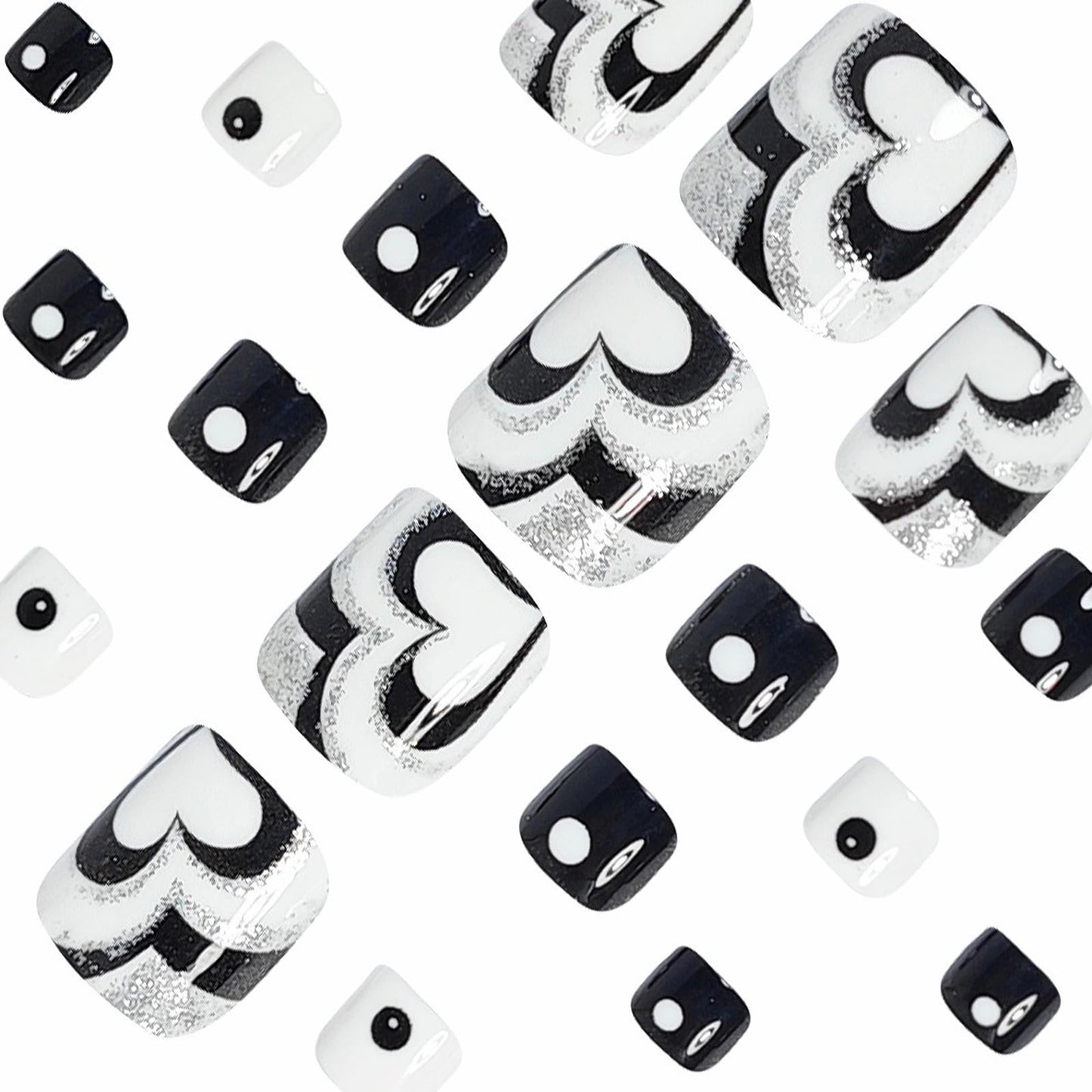 MISUD Toe Press on Nails - Fake Toenails with Black White, Acrylic Toenail Heart Polka Dot Design 24 pcs
