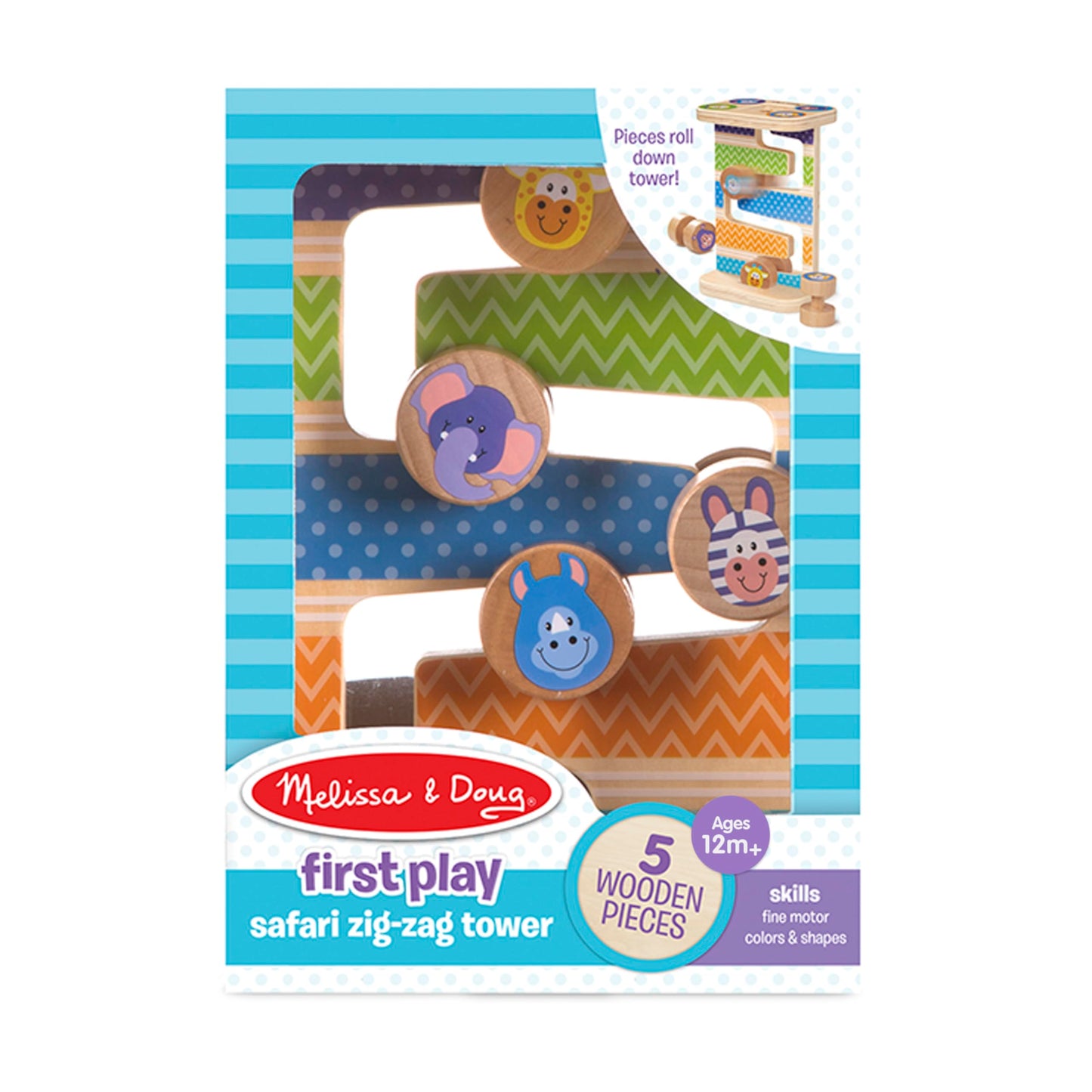 Melissa & Doug First Play Wooden Safari Zig-Zag Tower with 4 Rolling Pieces