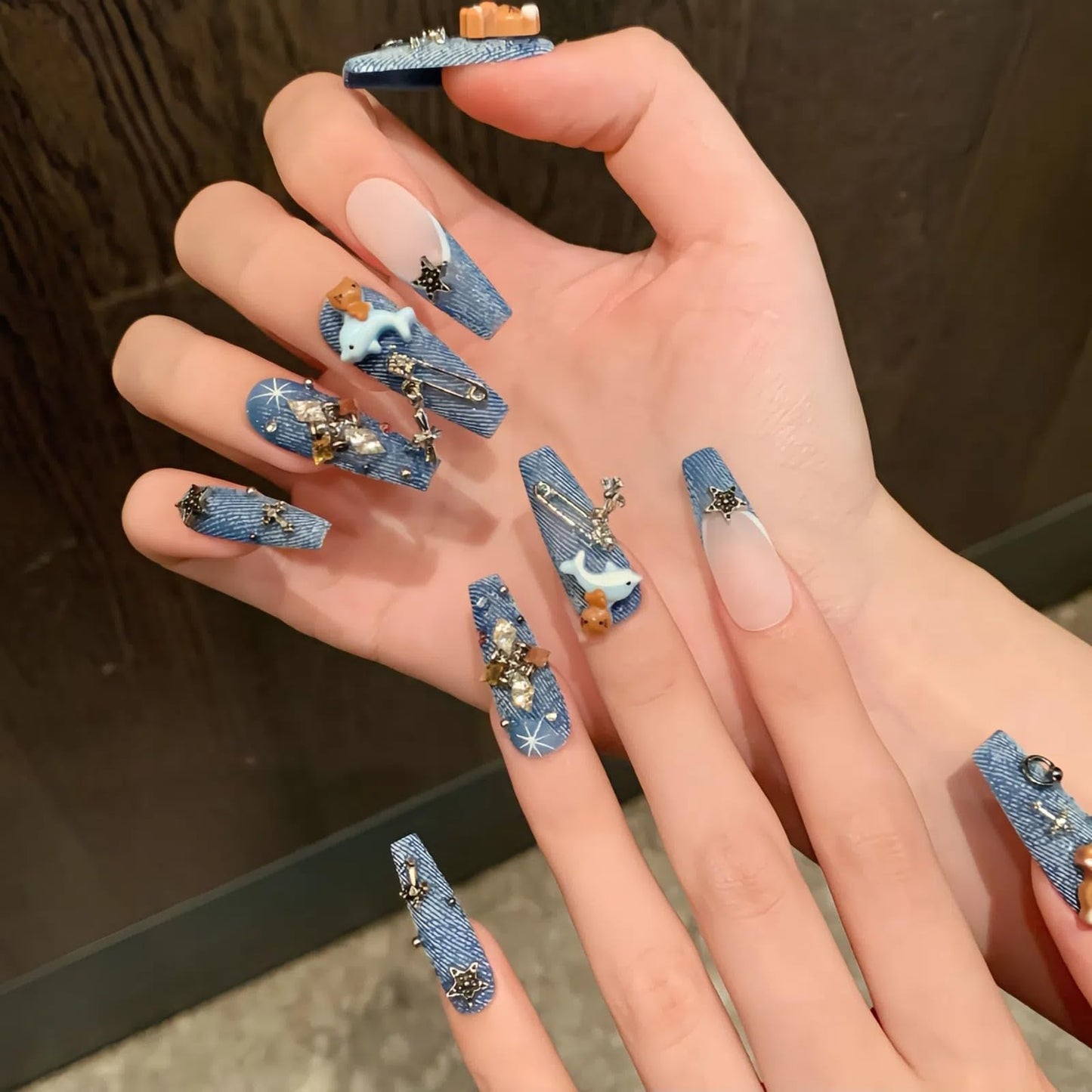 LOHAS Home 3D Carved & Painted Handcrafted Cute Wearable Nails Reusable Long Press-on Nails, Distressed Denim, M
