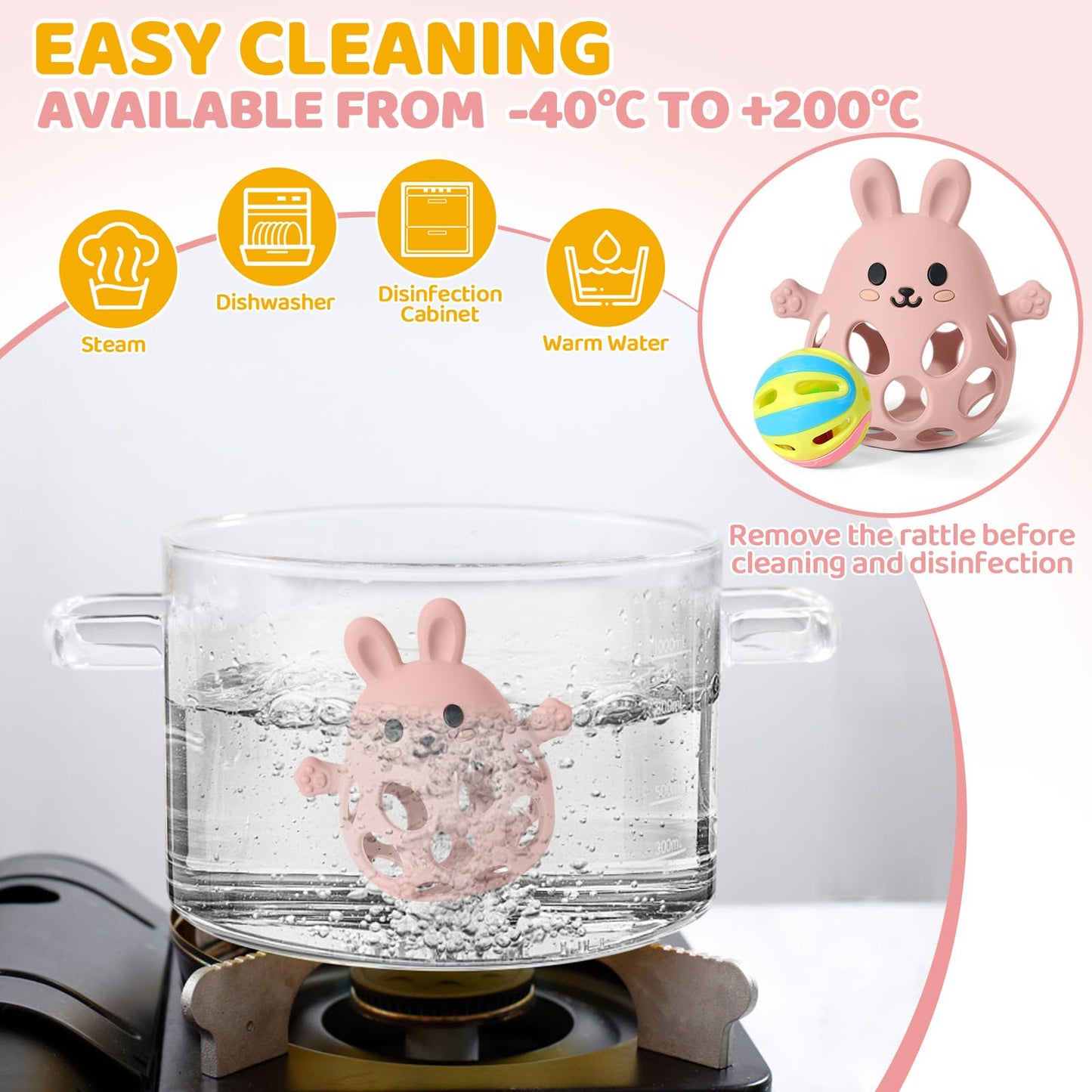 Orzbow Bunny Teether for Baby, Easter Teether with 2 in 1 Rattle & Teething, Easy Grasp Teething Mittens for Babies 3-12 Months, Food Grade Silicone, Newborn Infant Easter Basket Stuffers Gifts, Pink