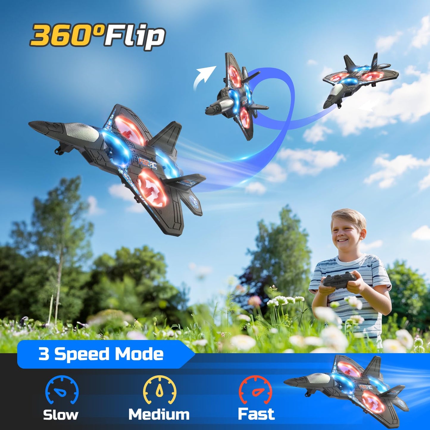 Foam RC Airplane Drone for Kids, Remote Control Helicopter, Toy Plane Fighter Jet with LED Light, Auto Hover, 360°Flip, 2 Batteries (16 Mins Flight), Easy to Fly for Beginners