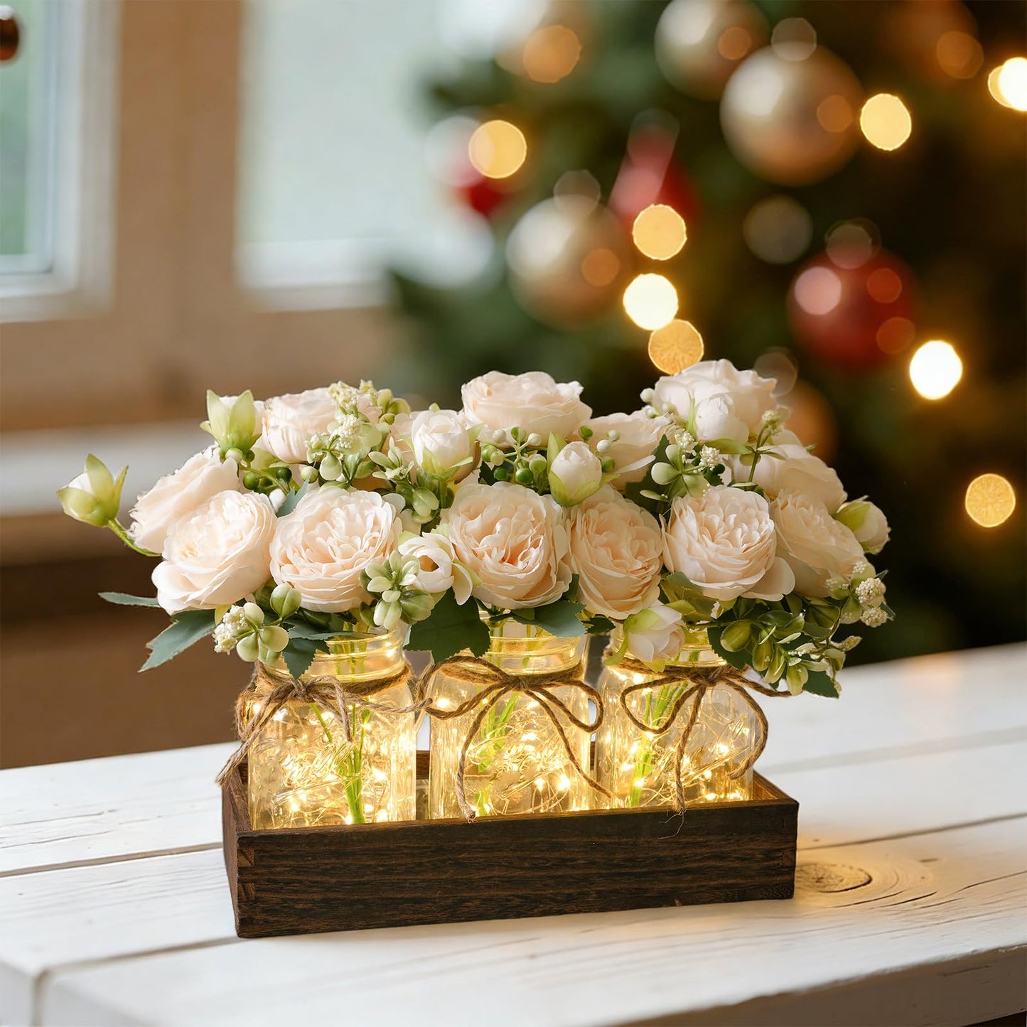 LUEUR Mason Jar Lights Centerpiece with Farmhouse Wood Tray – 3 Jars with Champagne Peony Spring Flowers, Spring & Summer Wedding Decoration for Dining Table, Coffee Table, Kitchen & Living Room