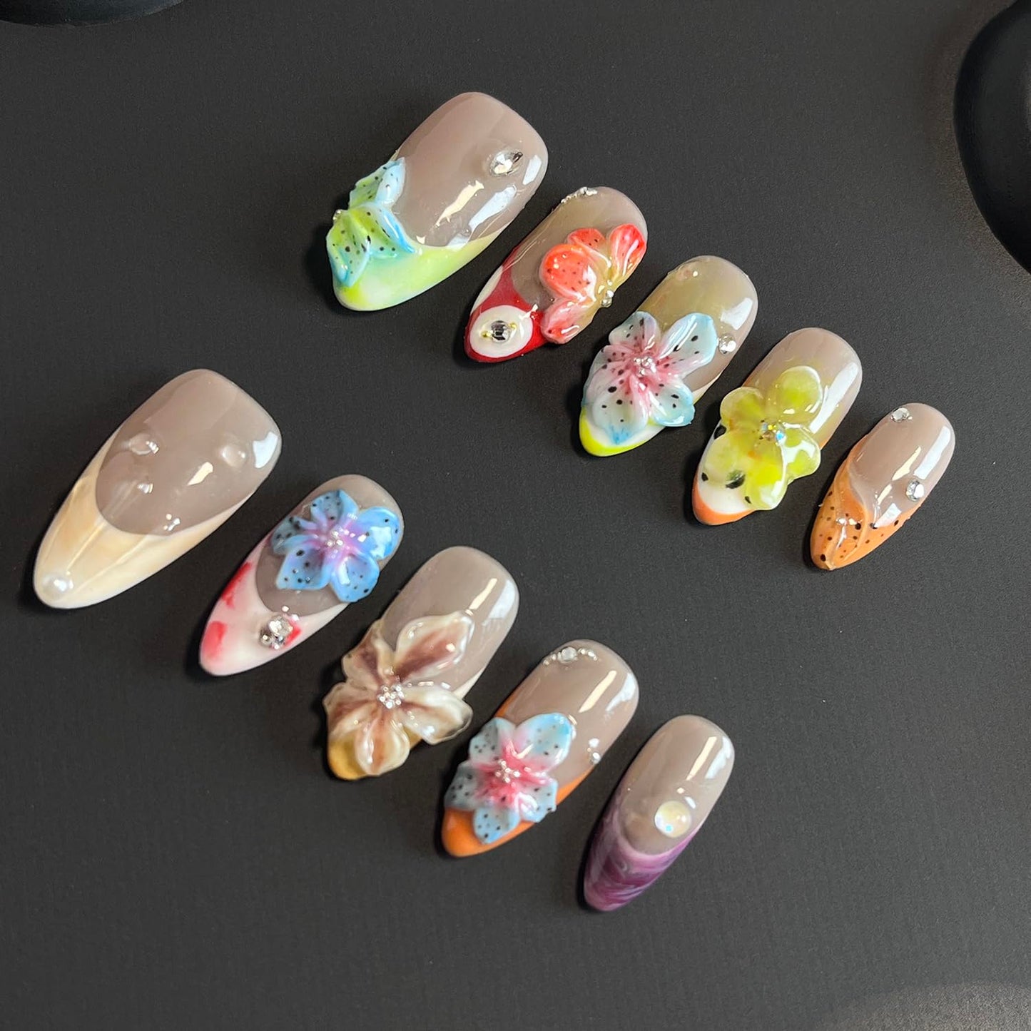 Luxury Press on Nails Medium Almond Handmade 3D Unique Reusable ABS Material Fake Nails French Tip False Nails with Designs Flower Rhinestones Art Petal Glossy Glue on Nails Thick Acrylic Nails(S)