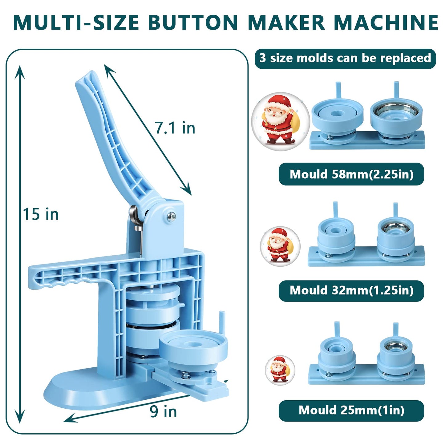 MK.Bear Button Maker Machine Multiple Sizes 1+1.25+2.25inch(4th Gen), DIY Button Pin Maker Machine Kit, Badge Press Machine with 300PCS 25+32+58mm Button Making Supplies& Cutting Mat&Circle Cutter