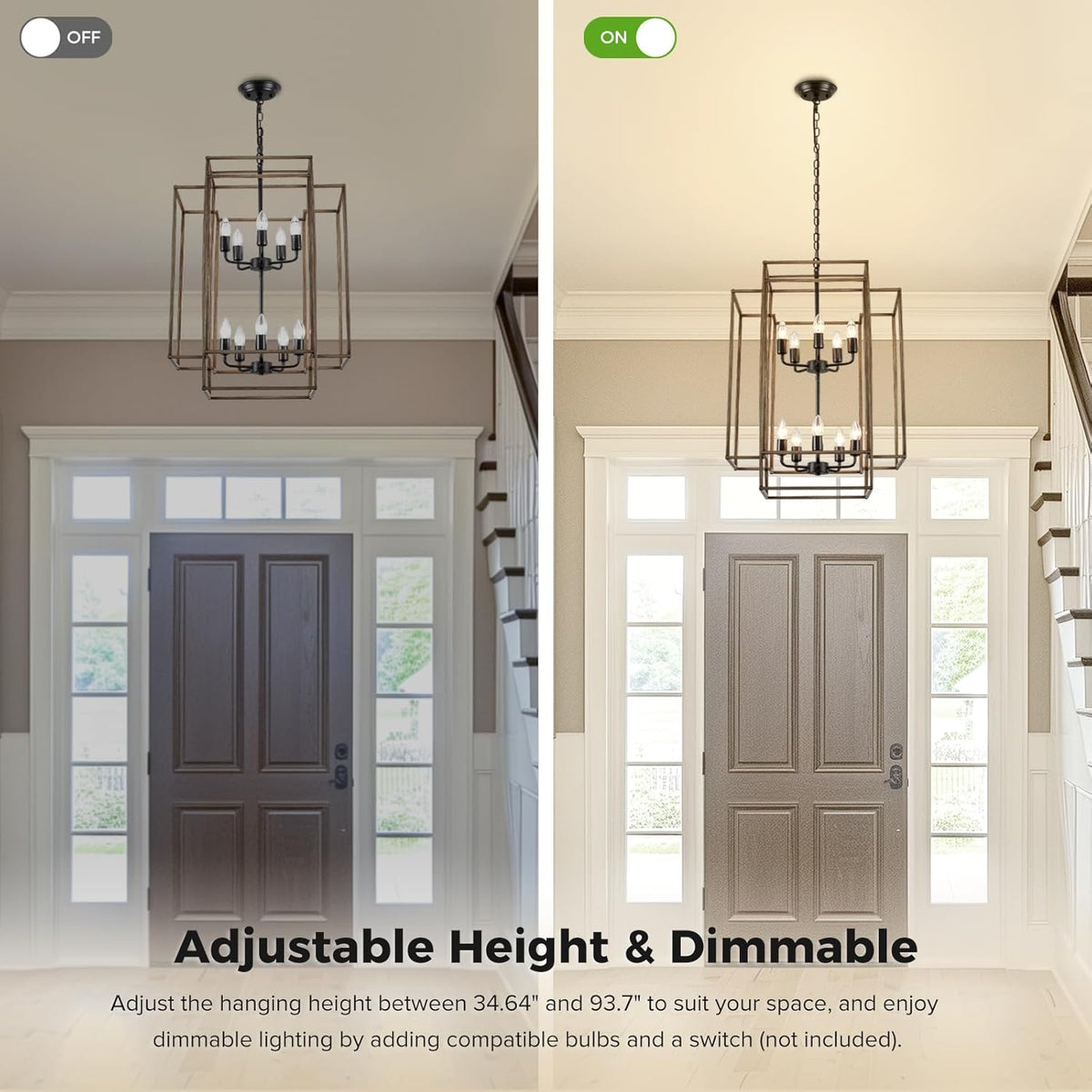 30" Black Farmhouse Chandelier, 10-Light Foyer Lighting Fixtures, Lantern Tiered Pendant Light Fixtures, Metal Wood Grain Finish Rustic High Ceiling Chandelier for Dining Room Entryway Staircase