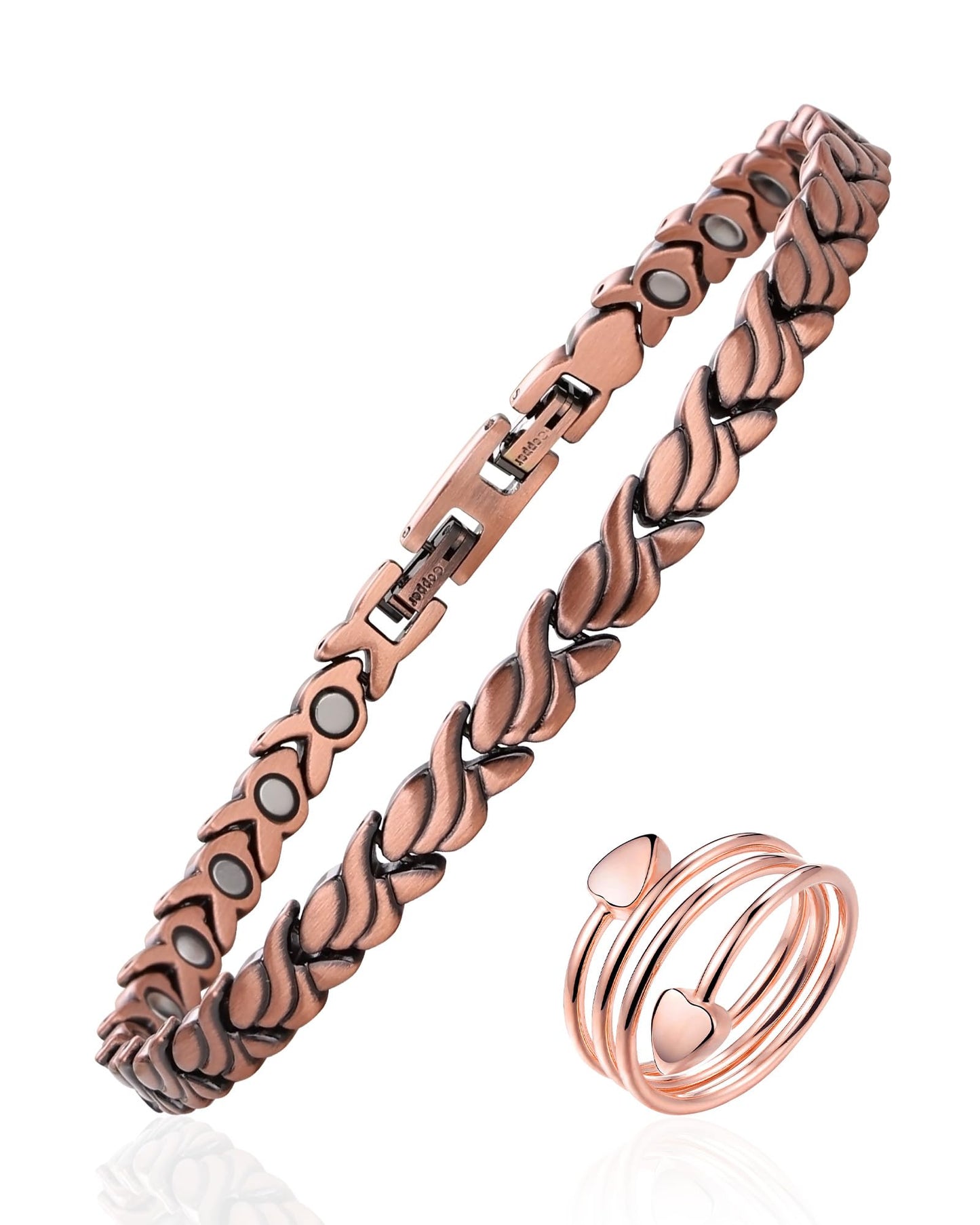 Fashtour Copper Anklet and Ring Set for Women, 99.9% Pure Copper Magnetic Ankle Bracelet with 3500 Gauss Magnets, Adjustable Jewelry Gift (Fishtail)