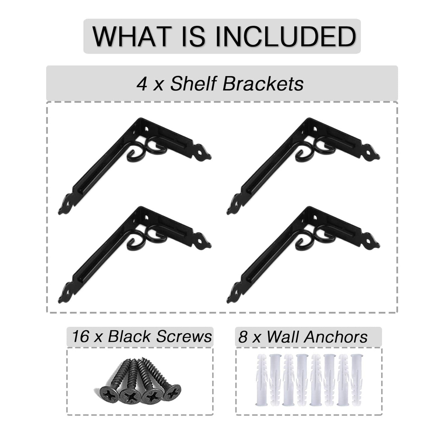 OVOV Shelf Brackets 4 Pcs Heavy Duty Decorative 8 Inch Black Right Angle Shelving Brackets Wall Mounted Shelf Supports for DIY Home Kitchen Living Room