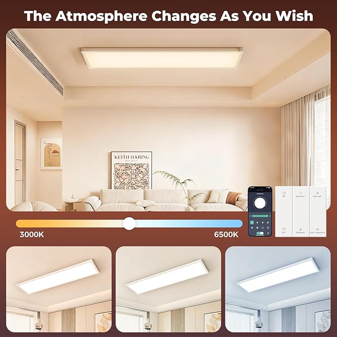 AIKVSXER 42 Pack 1x4 FT LED Flat Panel Light Surface Mount, with Wireless Switch & App Control, Night Mode, 50W 5500LM, 3000K/4000K/6500K, Ultra-Thin LED Light for Office Home,120-277V - White