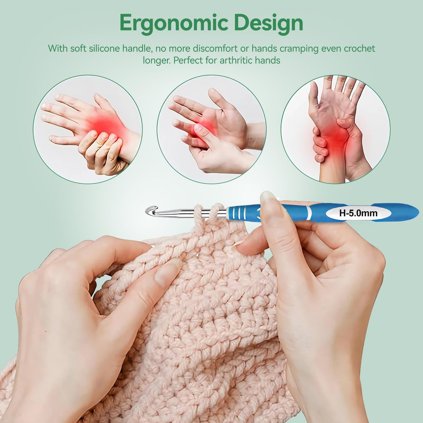 Dasonwin 60-Piece Ergonomic Crochet Hooks Set with Travel Case - Aluminum Crochet Needles Kit for Beginners & Experts, Arthritis-Friendly Design,Includes Stitch Markers & Accessories(Green)