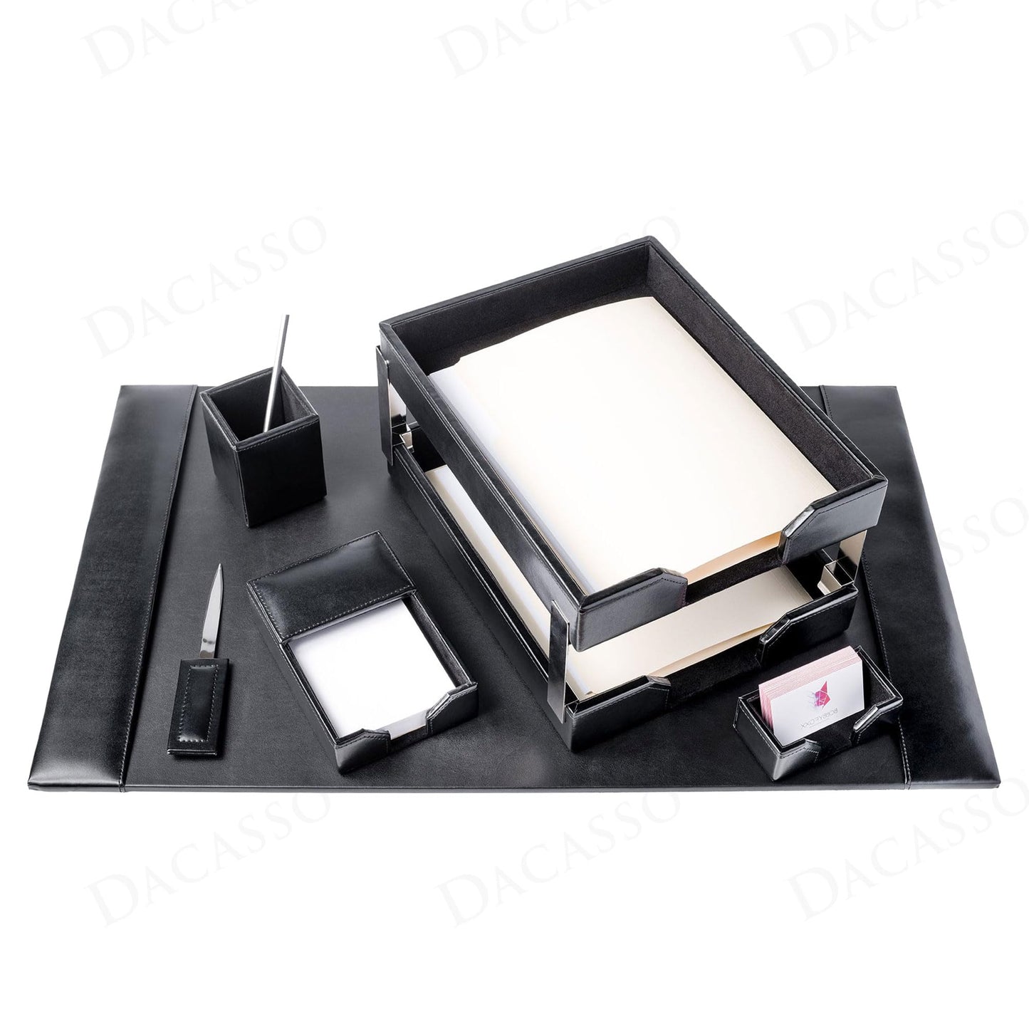 Dacasso Black Bonded Leather 8-Piece Desk Accessory Set - Organization Essentials & Executive Decor - Luxury Leather Blotter for Office Organization