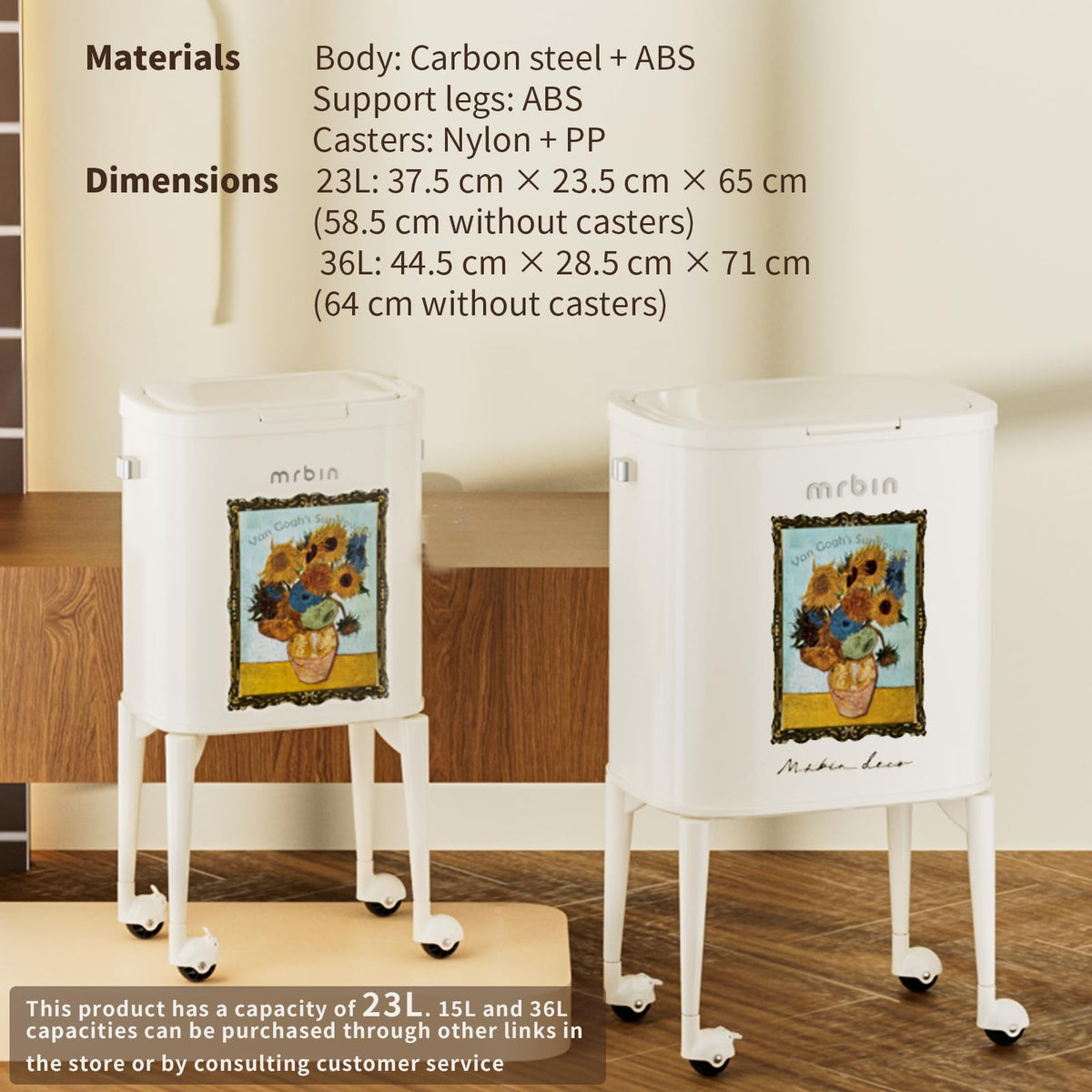 23L Art Decor Trash Can with Wheels