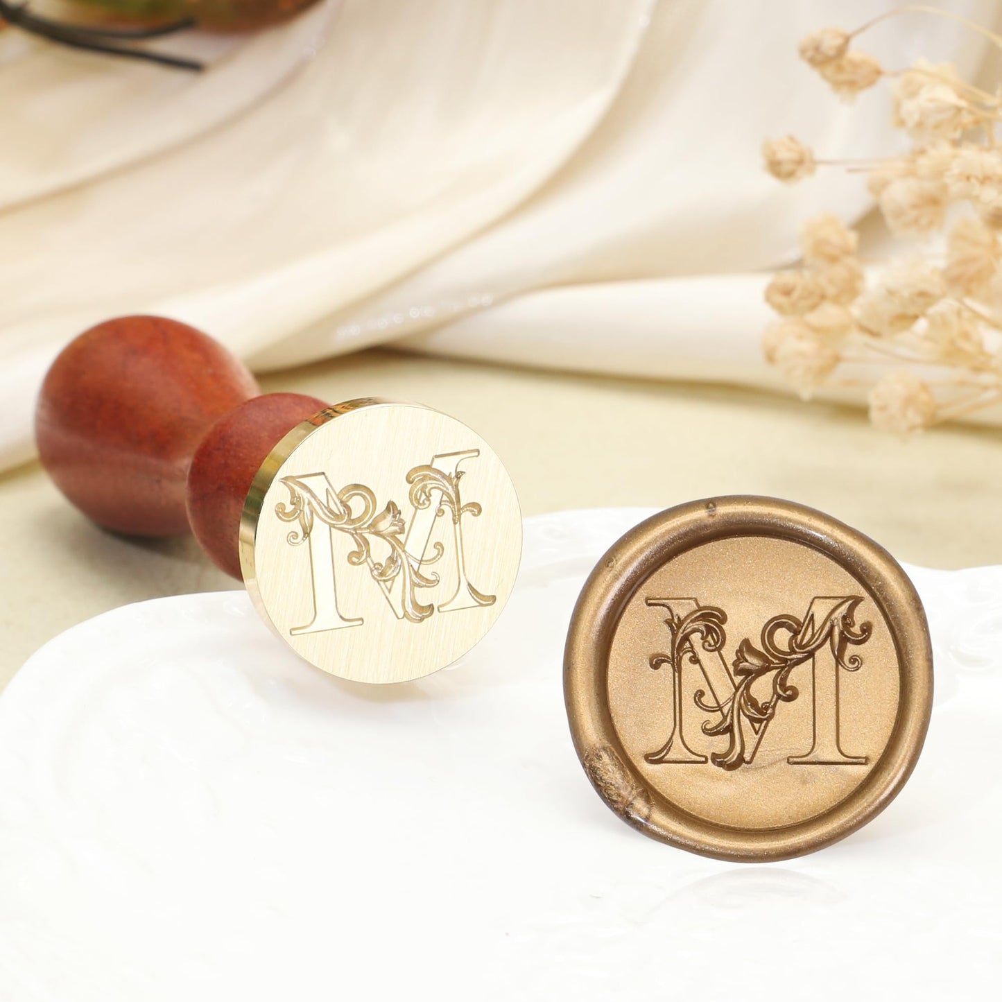 Letter Wax Seal Stamp Kit, SWANGSA 3D Floral Initial Alphabet M Sealing Stamp and 200pcs Sealing Wax Beads Kit for Wedding Invitations Cards Envelopes