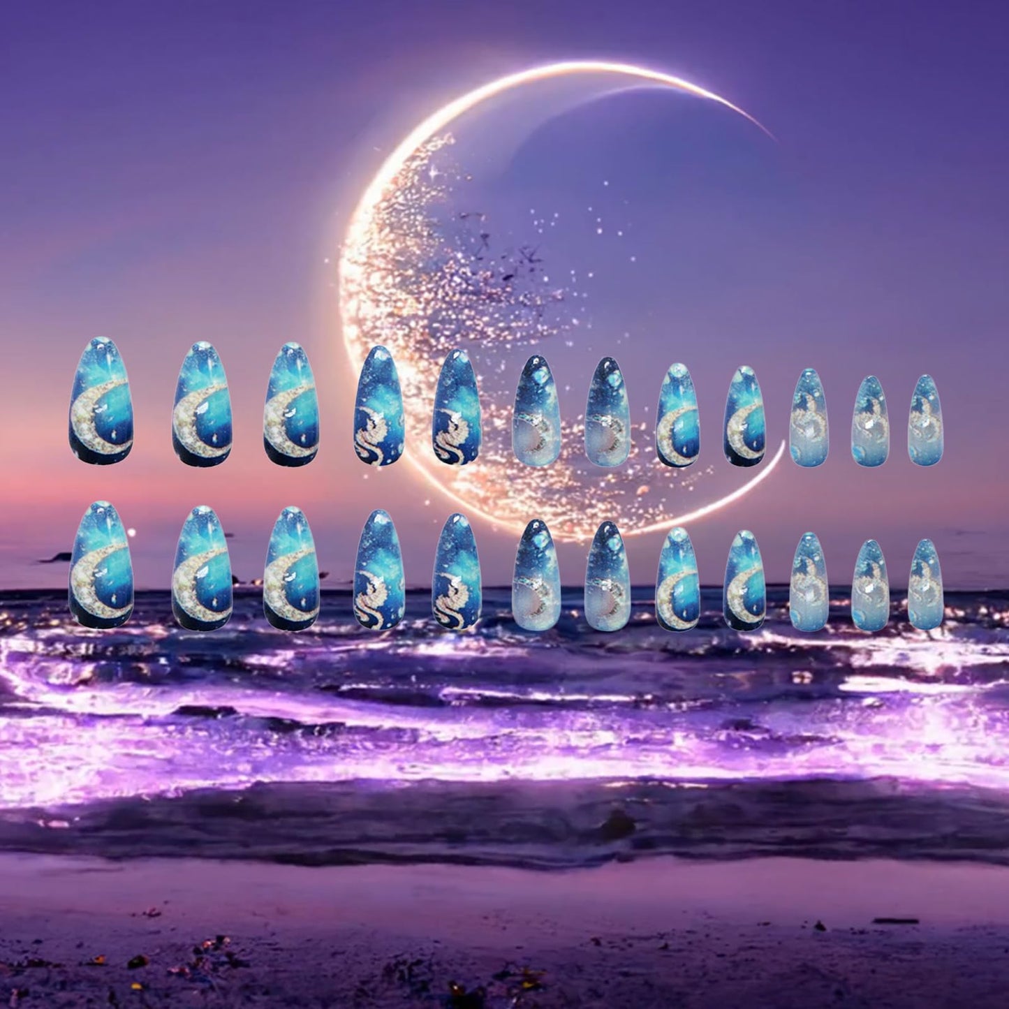 24Pcs Moon Press ons Fingernails Starry Sky Gel Glue on Acrylic Fake Nails Milky Way Press on Nails Glossy Blue Gradient Medium Almond False Nail Sea Horse Stick on Nail for Holiday Manicure Art