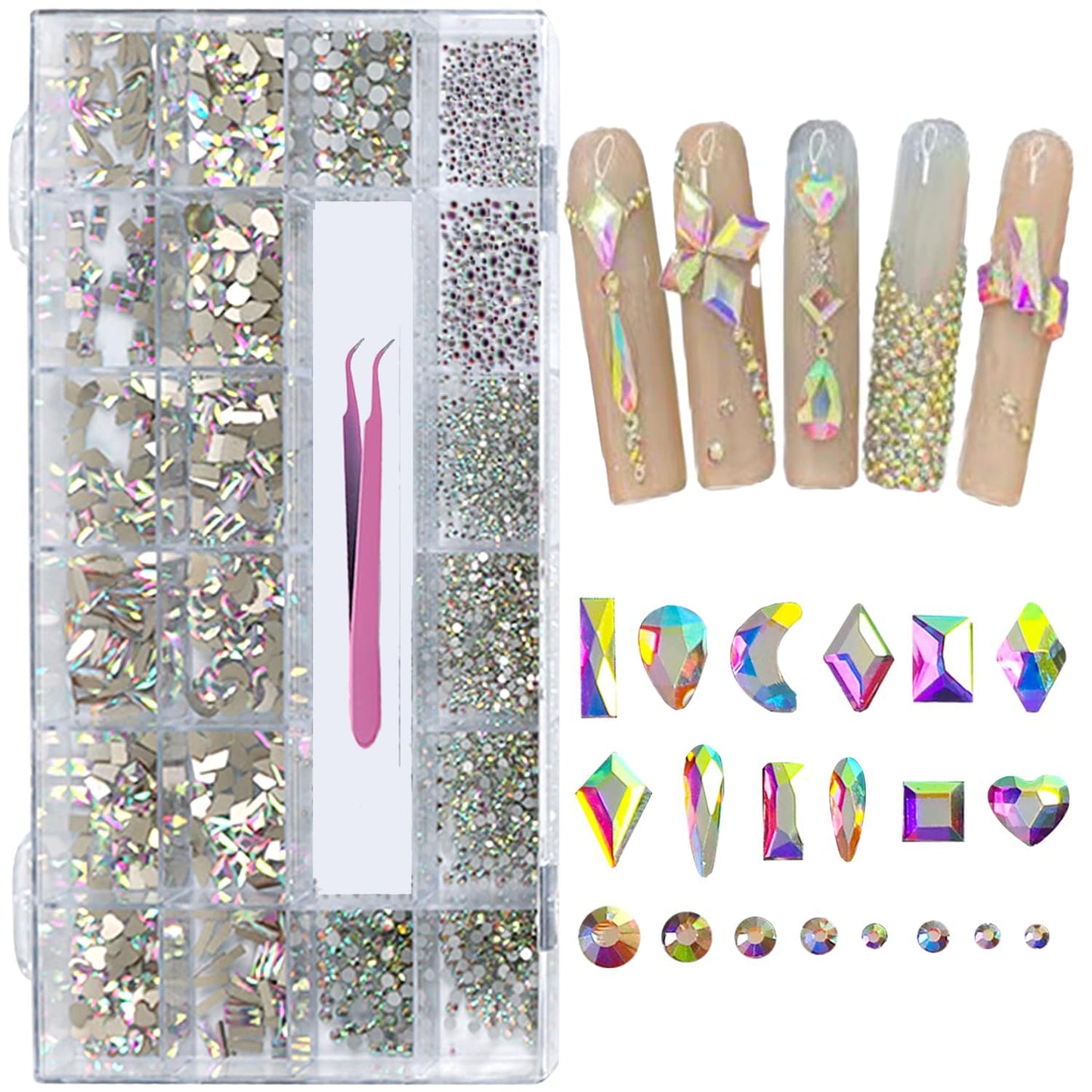 AMLAVIFISH 6080PCS AB Rhinestones for Nails, Nail Gems with Special-Shaped Diamonds, 3D Decorations Flat Back Stones Gems Set, Acrylic Nail Mix Sizes Nail Charms(Tweezers Included)