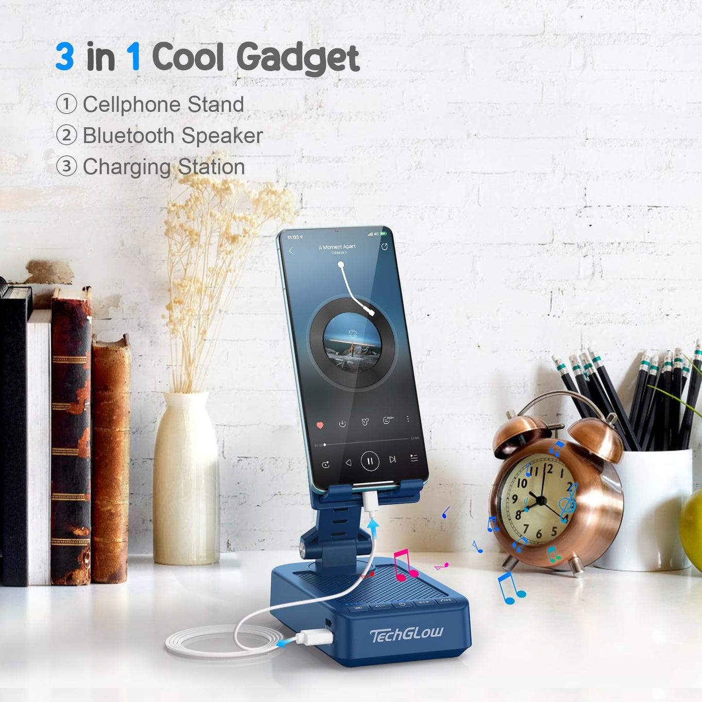 TechGlow Gifts for Men Women Foldable Cellphone Stand with Bluetooth Speaker and Charging Function 360° Rotatable Phone Stand Birthday Gift Idea for Mom Dad Cool Tech Gifts-Blue
