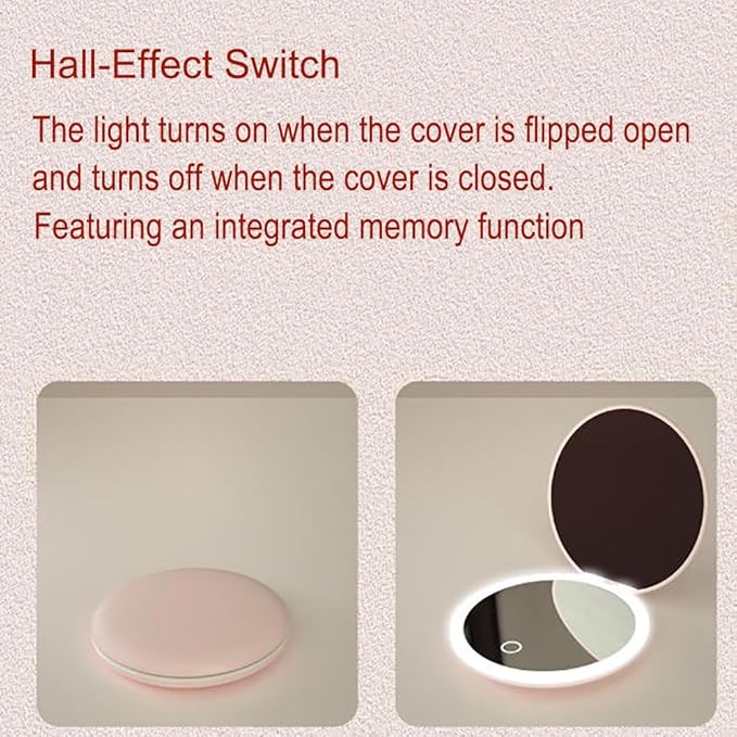 LED Illuminated Travel Makeup Mirror,Portable Folding Mirror,Mini Travel Mirror,Hand Mirror,1X/2X Magnifying Glass,Touch Adjustable Screen(Pink,3.5Inch)