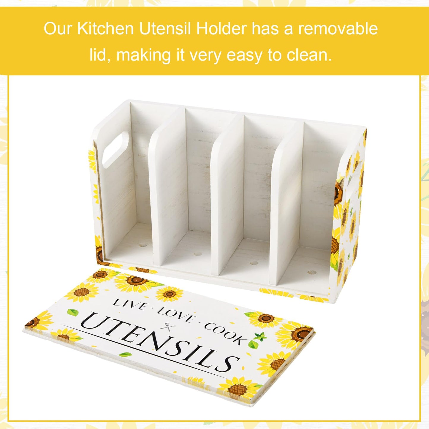 Kathfly Sunflower Kitchen Utensil Holder Christmas Gift for Countertop 4 Compartment Large Wooden Rustic Farmhouse Sunflower Cooking Utensil Organizer Kitchen Tools Storage for Home Counter