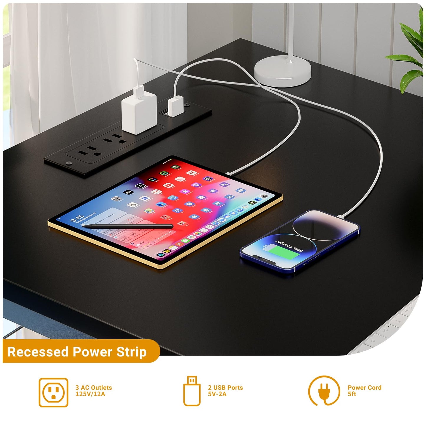iSunirm 47 Inch Computer Desk with Magic Power Outlets and USB Charging Ports, Modern Home Office Desks, Sturdy Simple Writing Table, Laptop PC Gaming Desk for Bedroom Workstation, Black, 2 Pack