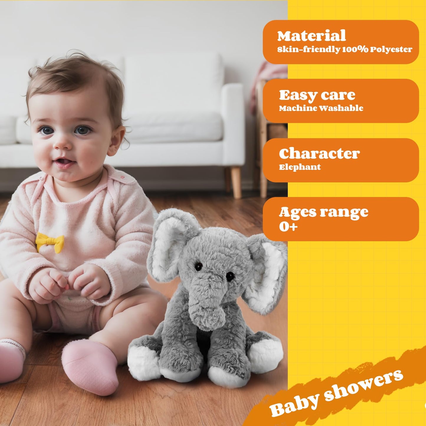 Mikee Fluffie Elephant Stuffed Animals Soft Plush Toy for Baby Girls Boys,12" Grey Soft Small Stuffed Elephant Huggable Gifts for Birthday