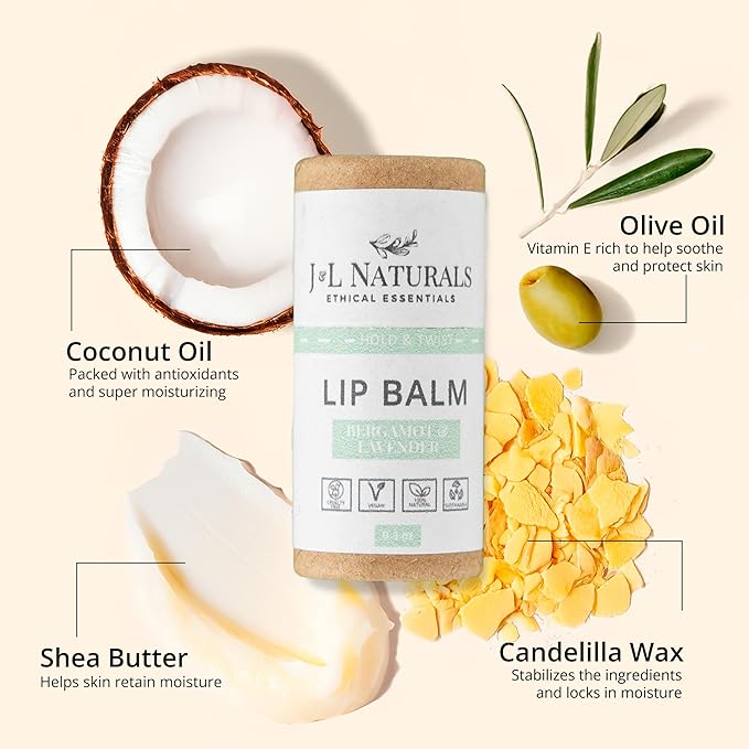 J&L Naturals Sustainable Lip Balm | Organic Ingredients, 100% Natural, Eco-Friendly | Cruelty Free, Vegan, Paraben Free, Silicone Free (Bergamot & Lavender, 2-Piece Duo)