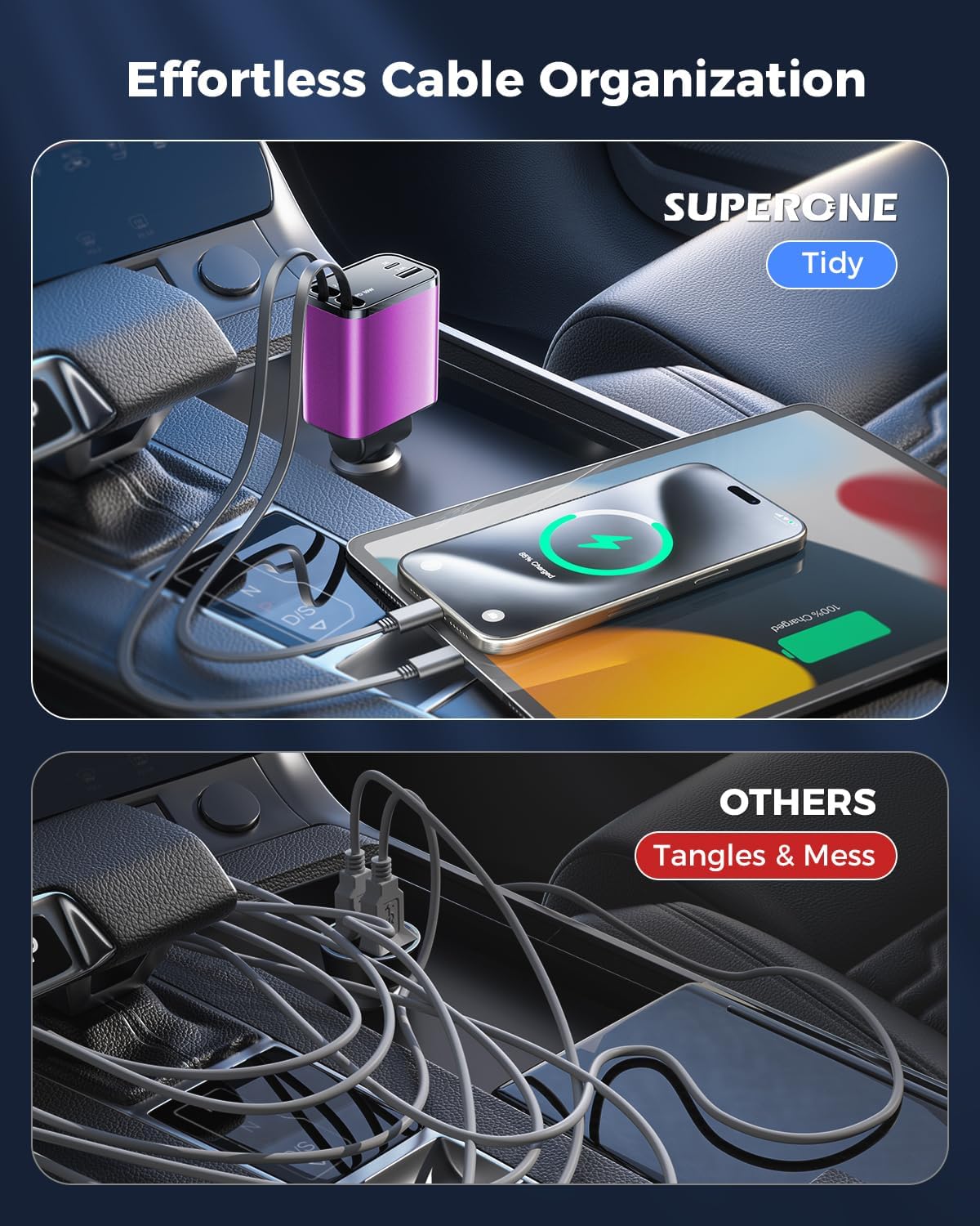 [2024 Upgraded] 4 in 1 Retractable Car Charger, SUPERONE Smaller Fast Car Phone Charger 69W with Cord, USB C and iPhone Car Charger Adapter, Compatible iPhone 15/15 Pro Max/14/13/12/11, Sumsung