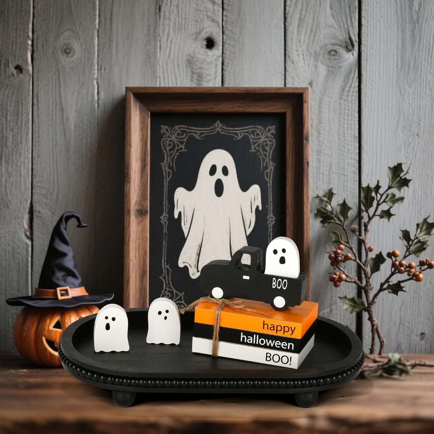 Halloween Decorations 7PCS Table Centerpieces, Cute Tabletop Halloween Decor for Tiered Tray Shelf Mantel Fire Place Office Desk Rustic Farmhouse Wood Faux Book Stack and Spooky Ghosts Sign