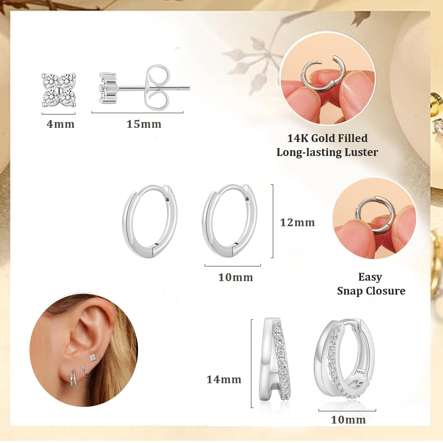 DORANA 3 Pairs 925 Sterling Silver Earrings for Women Non Tarnish Small Huggie Hoop Earrings Hypoallergenic Cartilage Hoops Stackable Earring Silver Stacks Sets for Multiple Piercing