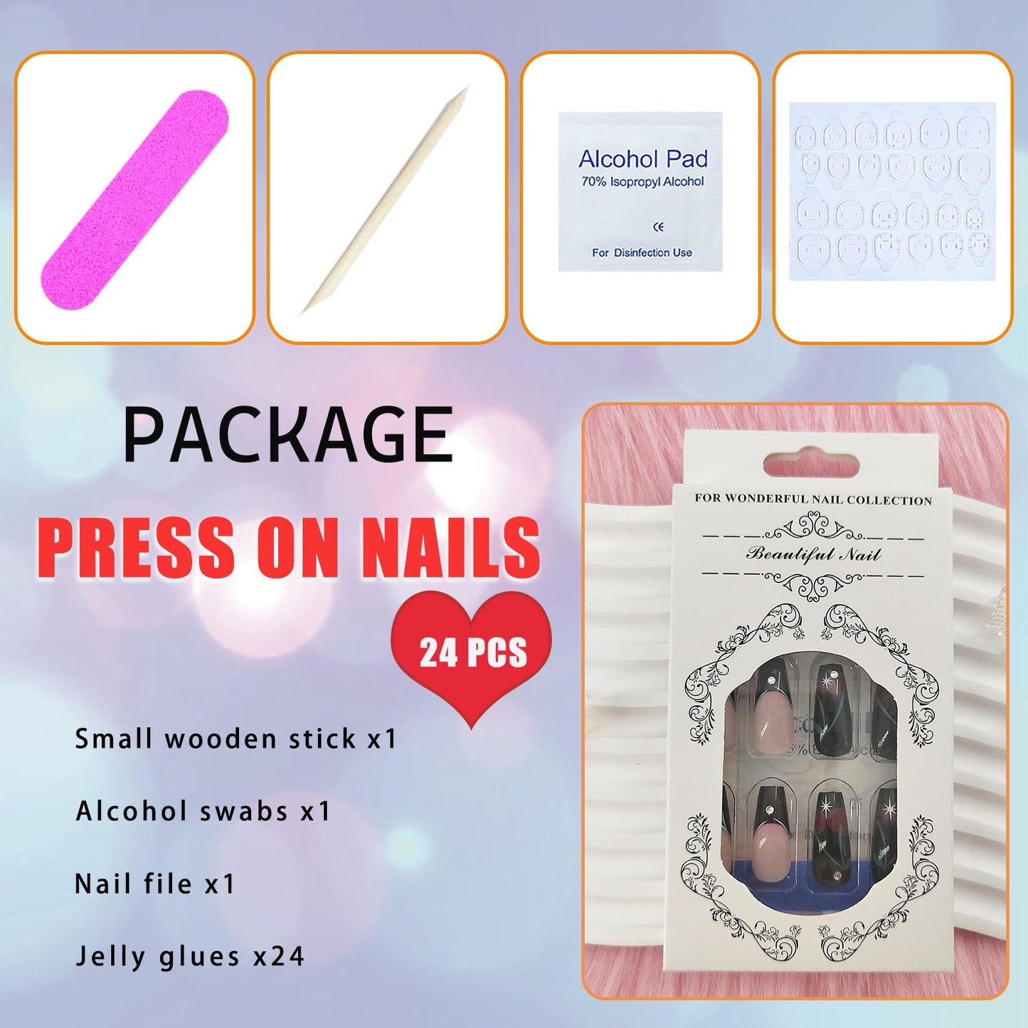 Black Press on Nails Medium French Tip Fake Nails with Glue Goth Rose Stars Designs Glue on Nails Medium Length Black Full Cover Acrylic False Nails Press ons for Women 24 Pcs