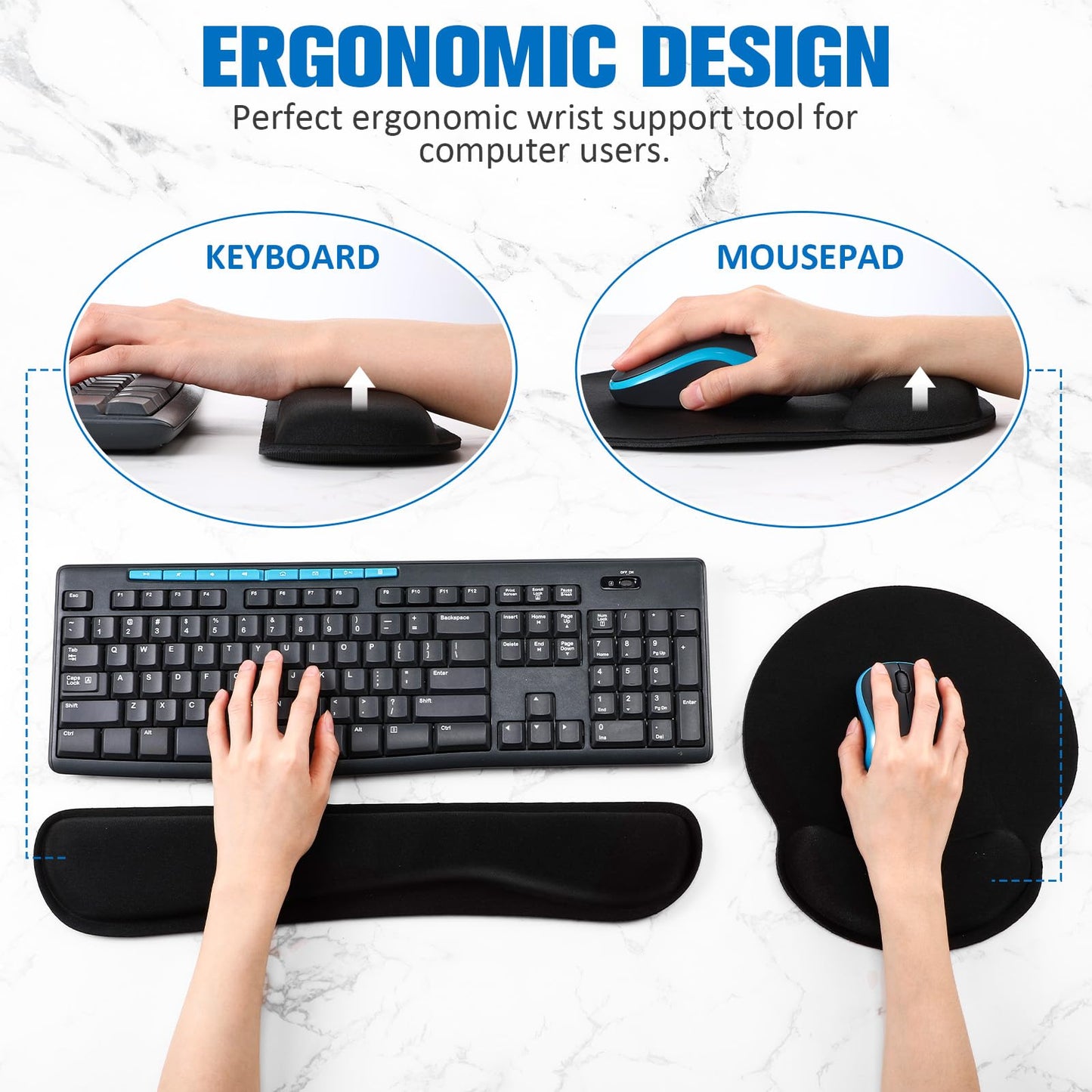 Yunsailing 8 Pcs Ergonomic Mouse Pad and Keyboard with Wrist Support Set Soft Smooth Gel Rest Comfortable Memory Foam for Easy Typing Gaming Computer Laptop Office Home