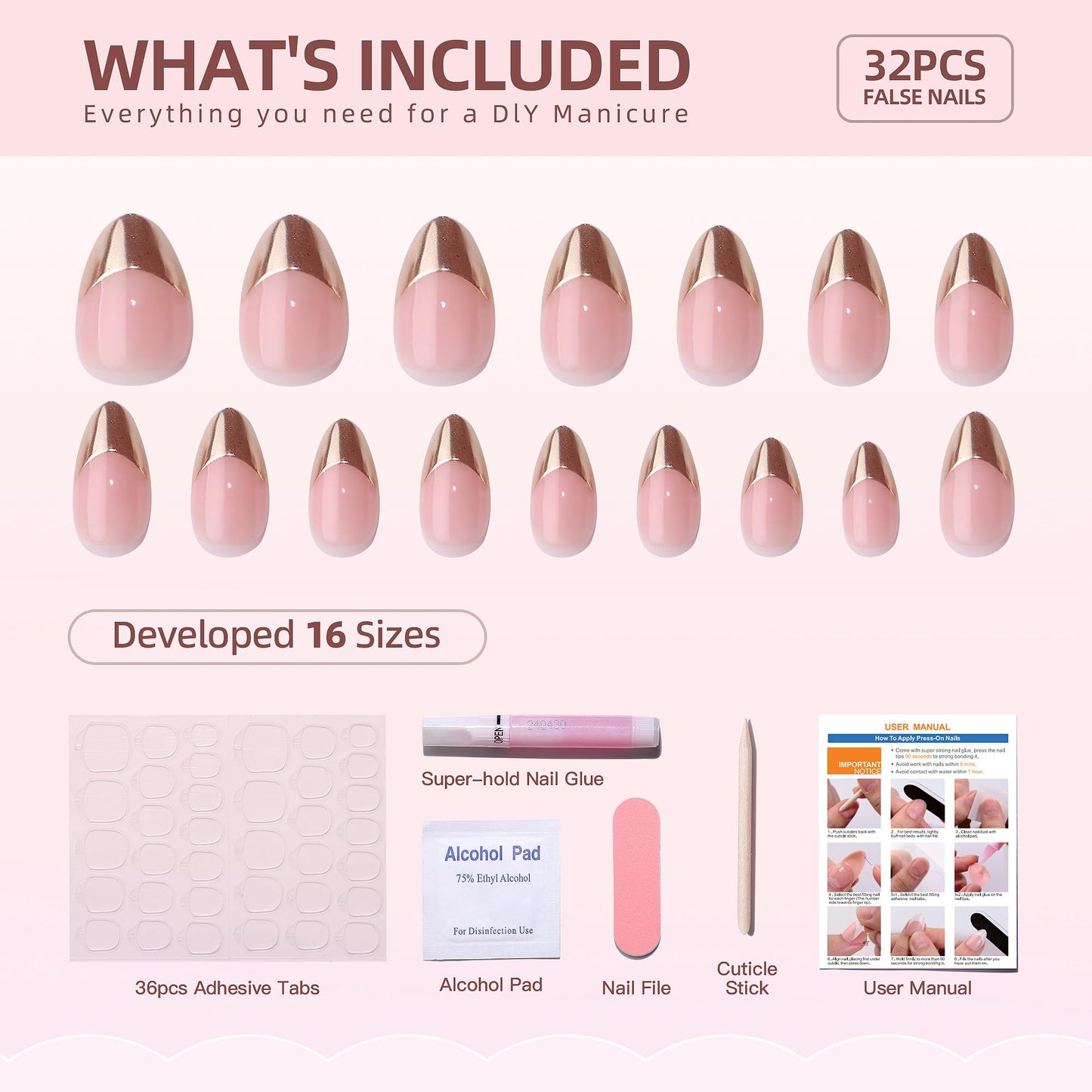 WAFOLOZE French Tip Press On Nails Almond - Short Fake Nails with Gold French Designs, Artificial Nails 16 Sizes - 32Pcs Reusable Soft Gel False Nails Tips Kit, Stick On Nails for Women