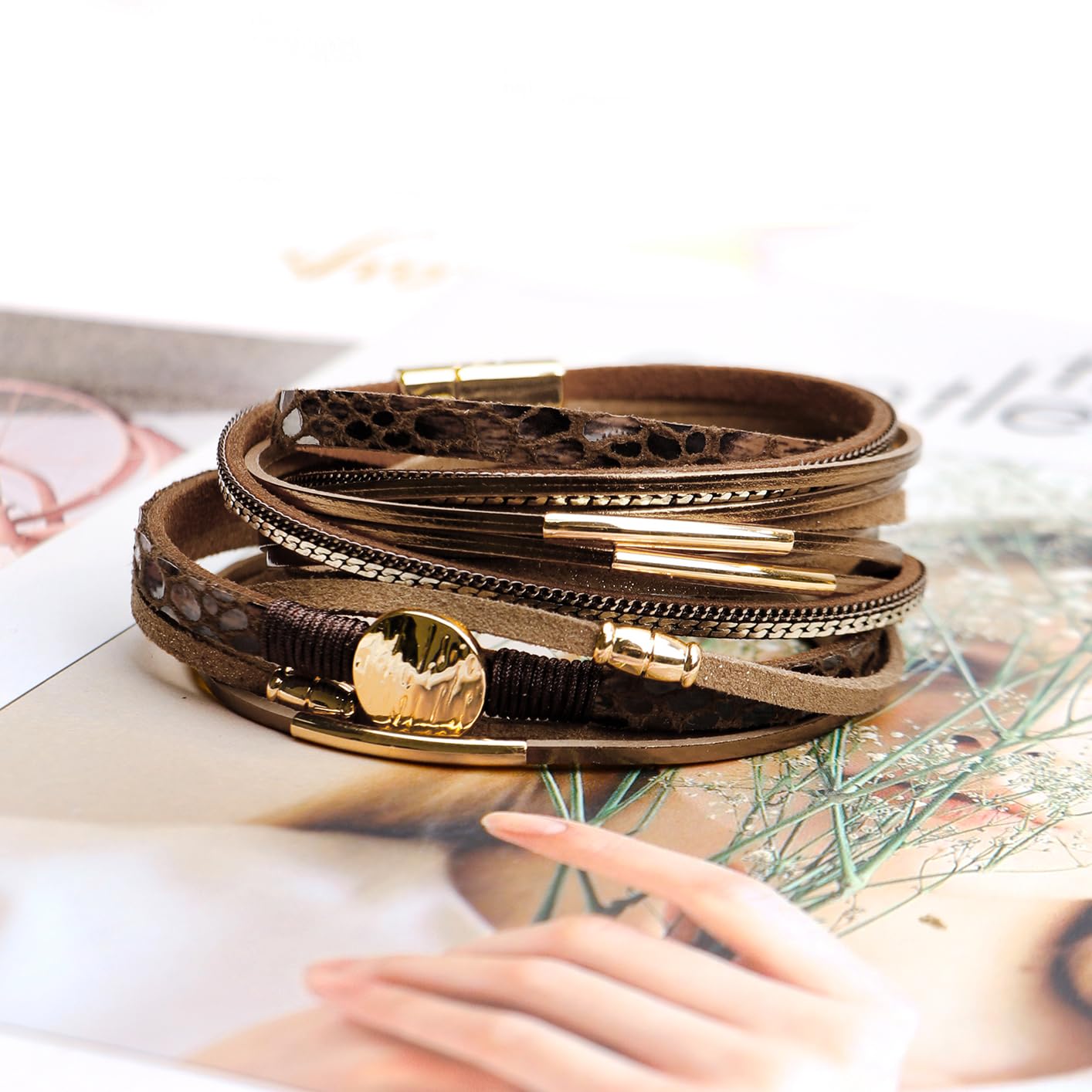 Leopard Bracelet for Women, Boho Leather Wrap Multi-Layer Pearl Crystal Bracelet Bangle Jewelry(Disc(Brown))