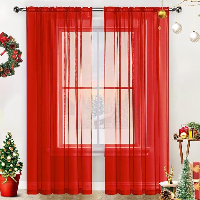 SpaceDresser Basic Rod Pocket Sheer Voile Window Curtain Panels White 1 Pair 2 Panels 60 Width 63 Inch Long for Kitchen Bedroom Children Living Room Yard(Red,60 W x 63 L)