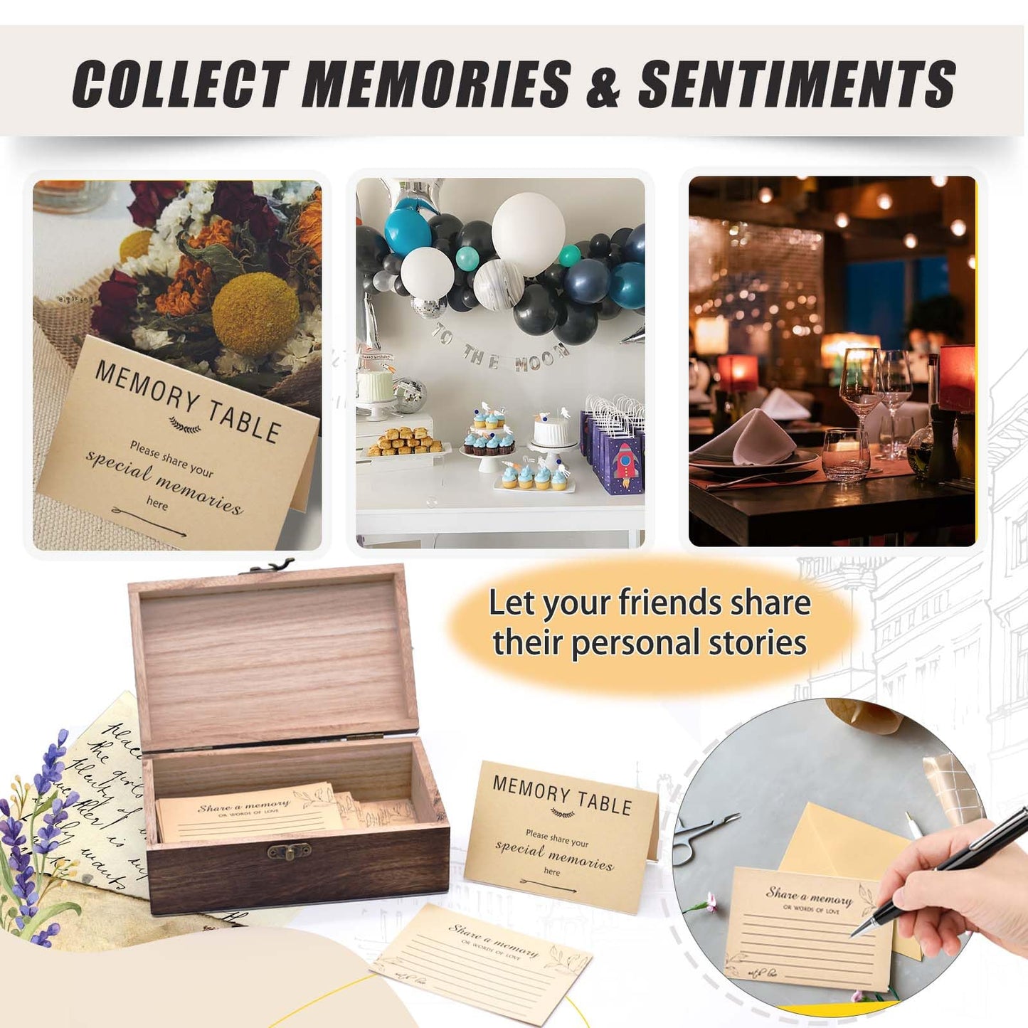Oxmidud Wooden Share Love & Memories Box with 50 Pcs Share A Memory Cards for Celebration of Life Decorations - Elegant Keepsake for Funerals, Weddings, Birthdays & Graduations - Heirloom Storage Box