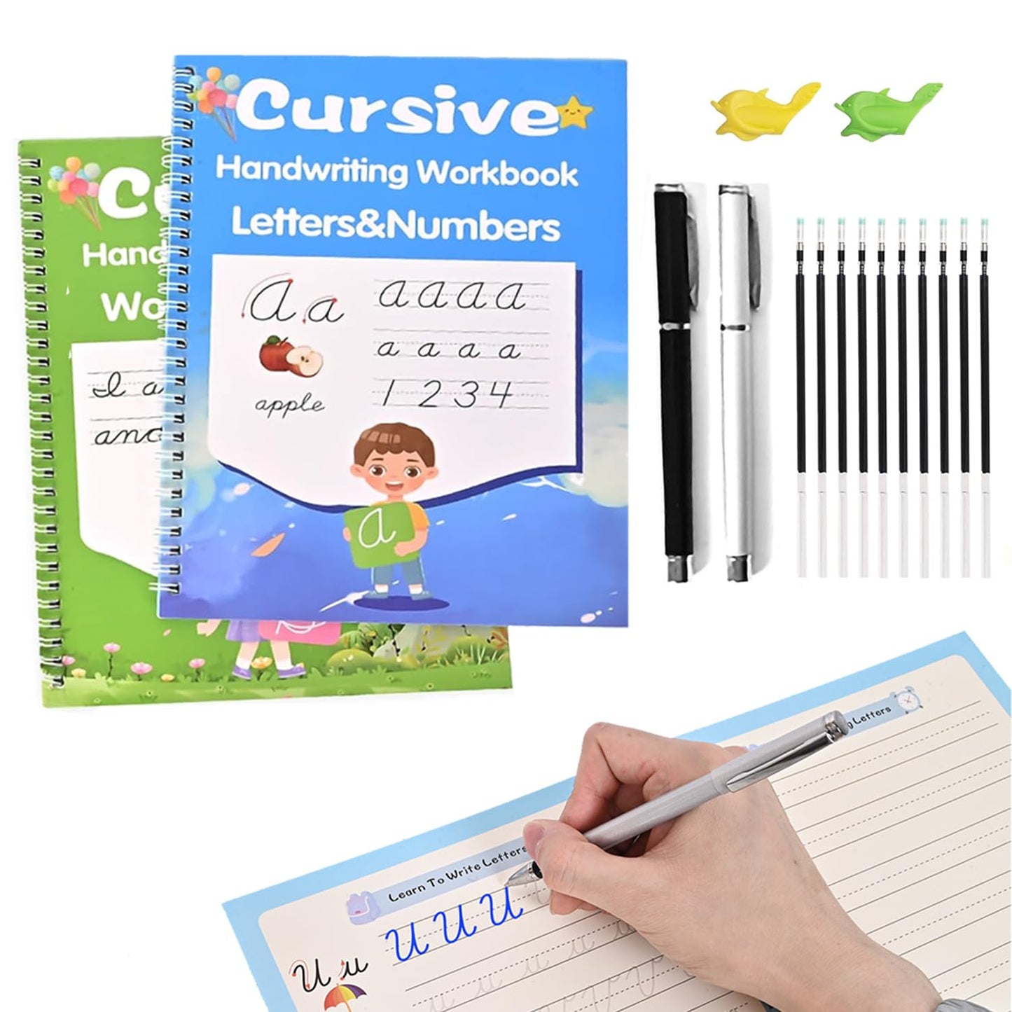 Grooved Cursive Handwriting Workbook for Kids Ages 8-12, Reusable Cursive Writing Practice Book, Cursive Calligraphy Kit with Disappearing Ink, Cursive Copybook for Beginners & Teens