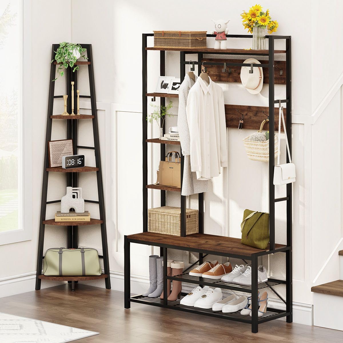 BON AUGURE 5-Tier Corner Ladder Shelf Stand, Black Metal Wood Corner Bookshelf, Narrow Tall Display Bookcase Shelving Unit for Living Room, Home Office, Small Space (Rustic Oak)