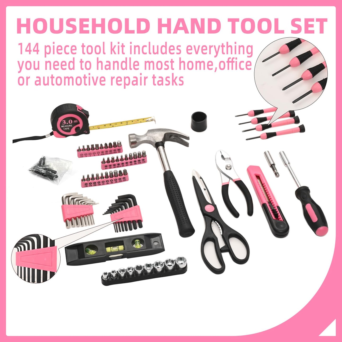 GETFOO 144-Piece Pink Tool Kit Basic Home Repair Tool Set General Household Hand Tool Kit Small Tool Kit with Plastic Toolbox basic home tool kit for Women, Office & College Repairs