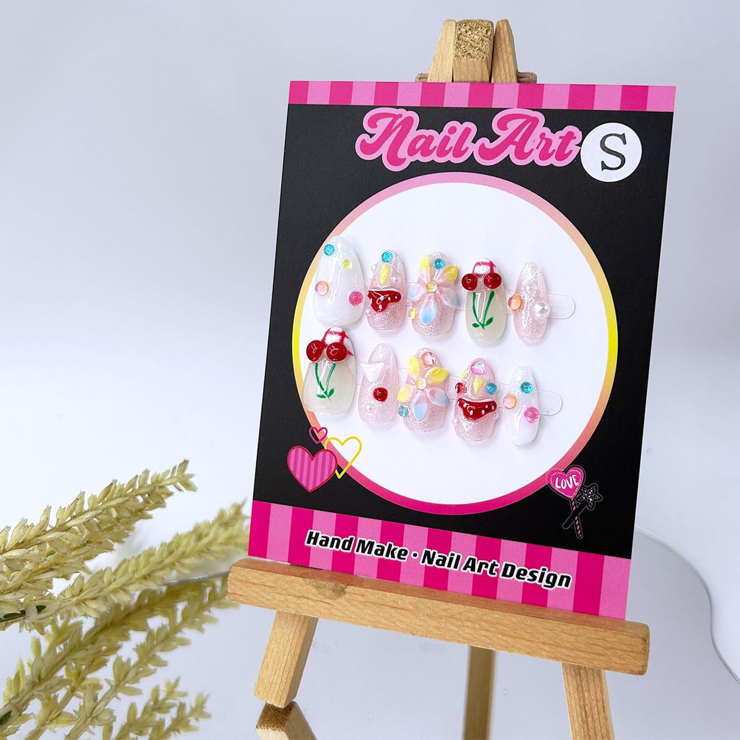 Short Almond Press on Nails Luxury Handmade Nails with Glue,3D Cherry Mushroom Rhinestone Designs False Nails Handmade Nail Press ons Muti-Layer Gel French False Nails for Women (Size S)