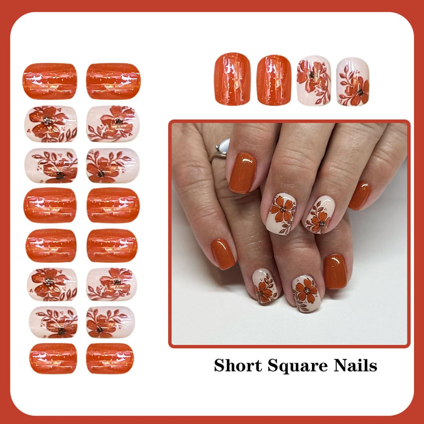 Fall Orange Press on Nails Short Square Glue on Nail with Burnt Orange Flower Design Beige Fake Nails, Glitter False Nail Press ons Artificial Manicure for Women Autumn 24Pcs