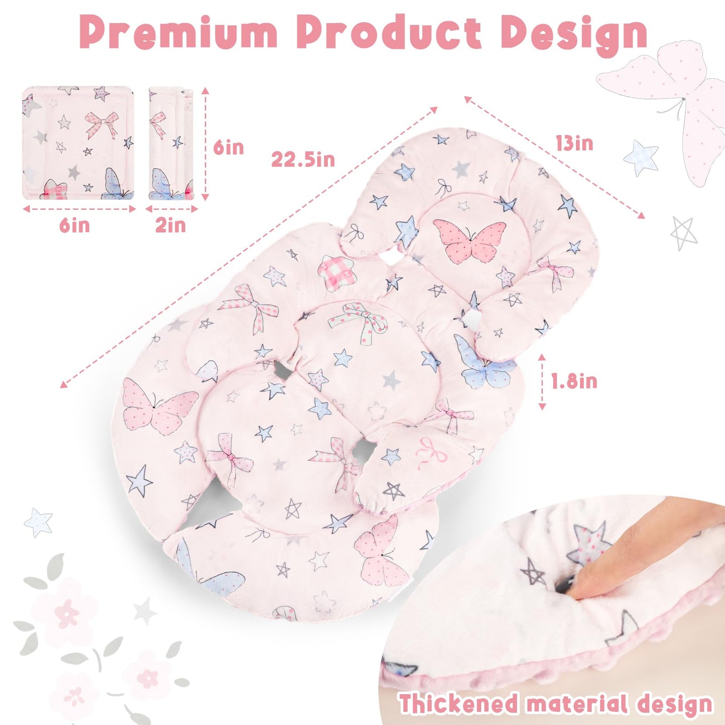 GFU Infant Car Seat Insert Head and Body Support, Reversible Newborn Insert for Carseat with Strap Pads, Soft Stroller Cushion Pillow Insert for Boys and Girls, Fits for Stroller, Swing，Pink