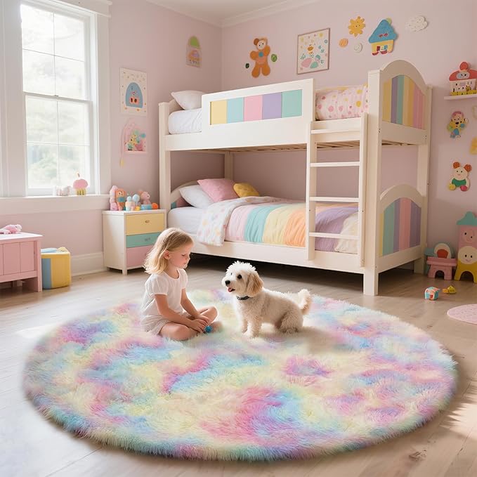 yulidayang Rainbow Fluffy Round Area Rugs for Bedroom,6'X6'Shag Circle Area Rugs for Girls Room,Non Slip Fuzzy Plush Rug for Kids Room Living Room and Dorm Home Decor Rug
