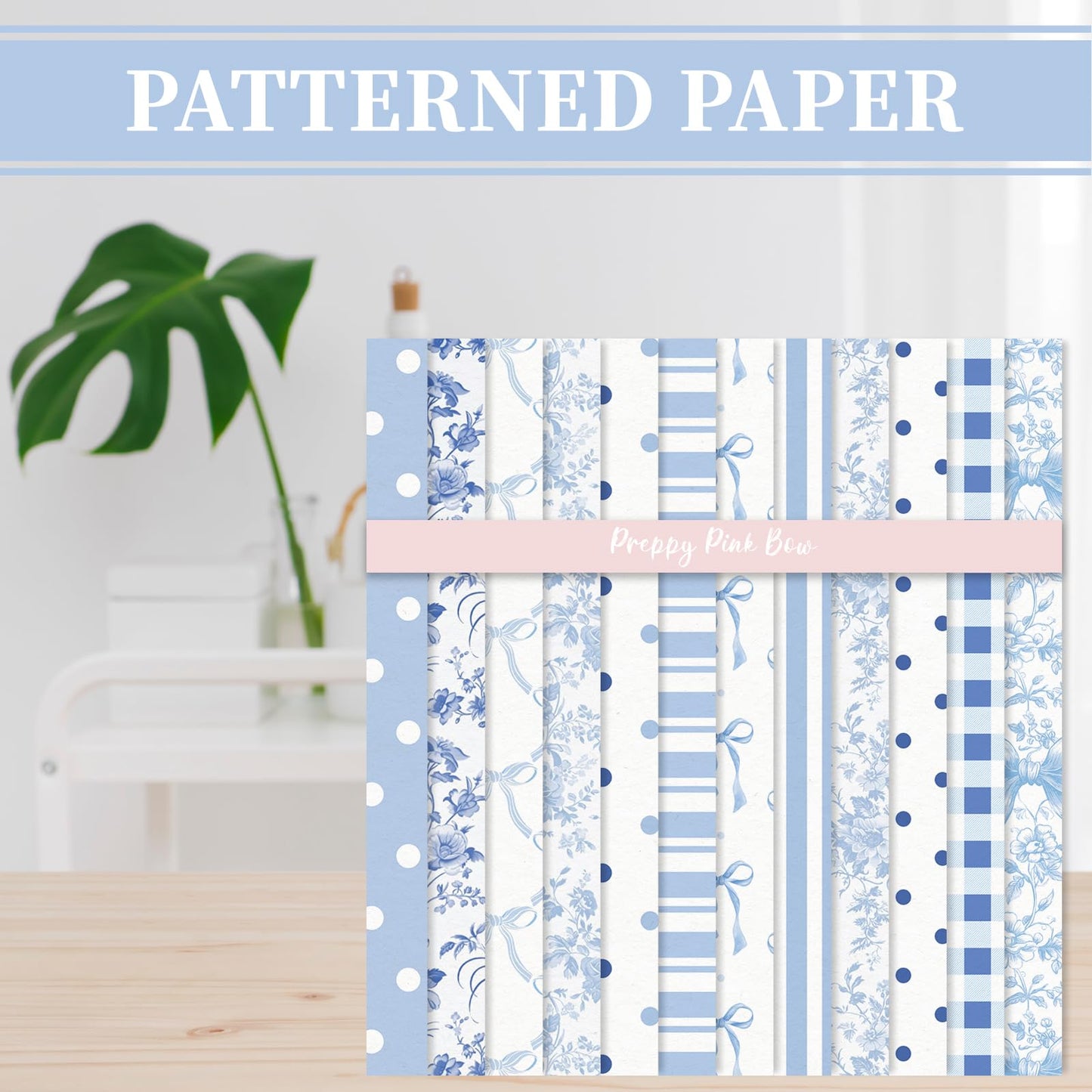Whaline 24 Sheets Bow Floral Pattern Paper Blue Flower Stripe Dot Scrapbook Spring Specialty Paper Double Sided for DIY Crafts Card Making Photo Album Decor, 6 x 6 Inch