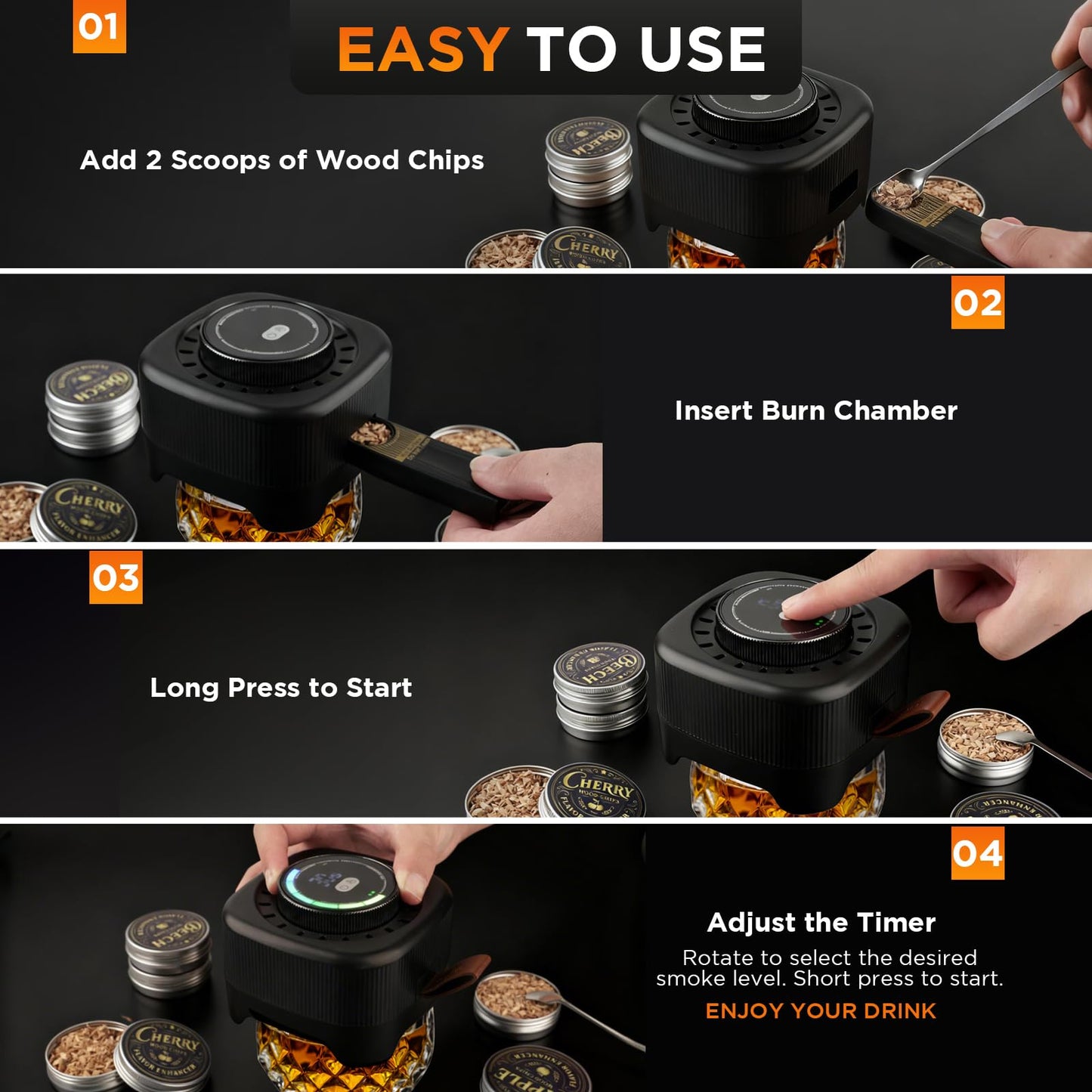 Electric Whiskey Smoker Kit with 0-60s Adjustable Timer, No Butane Needed, Cocktail Bourbon Drink Smoker Infuser Kit Smoke Whisky Set with 6 Wood Chips Flavors, Birthday Gifts for Men, Dad, Husband