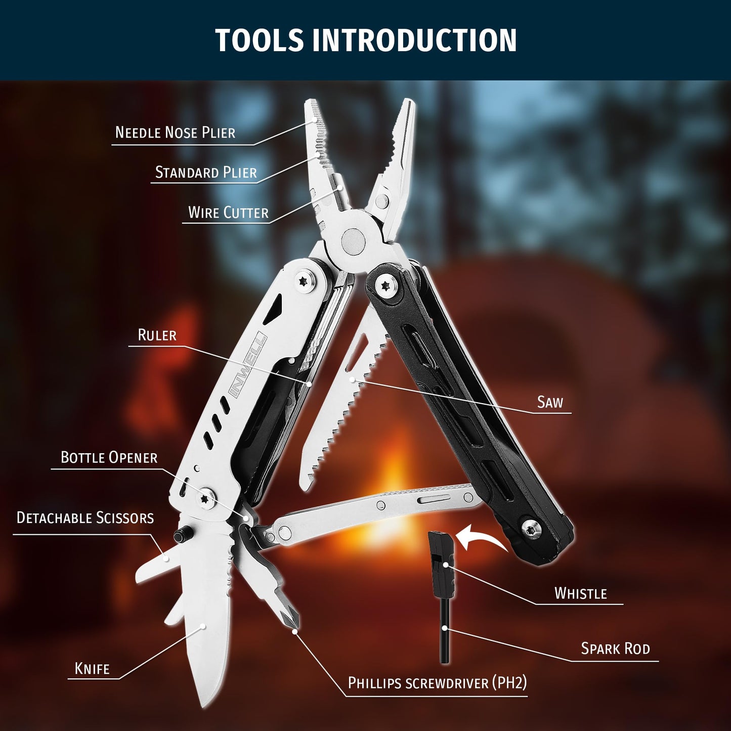 INWELL 12-in-1 Multitool Pliers with Safety Lock, Fire Starter & Whistle, Stainless Steel Pocket Knife, Camping Multitool with Detachable Scissors for Outdoor Survival, EDC Gear