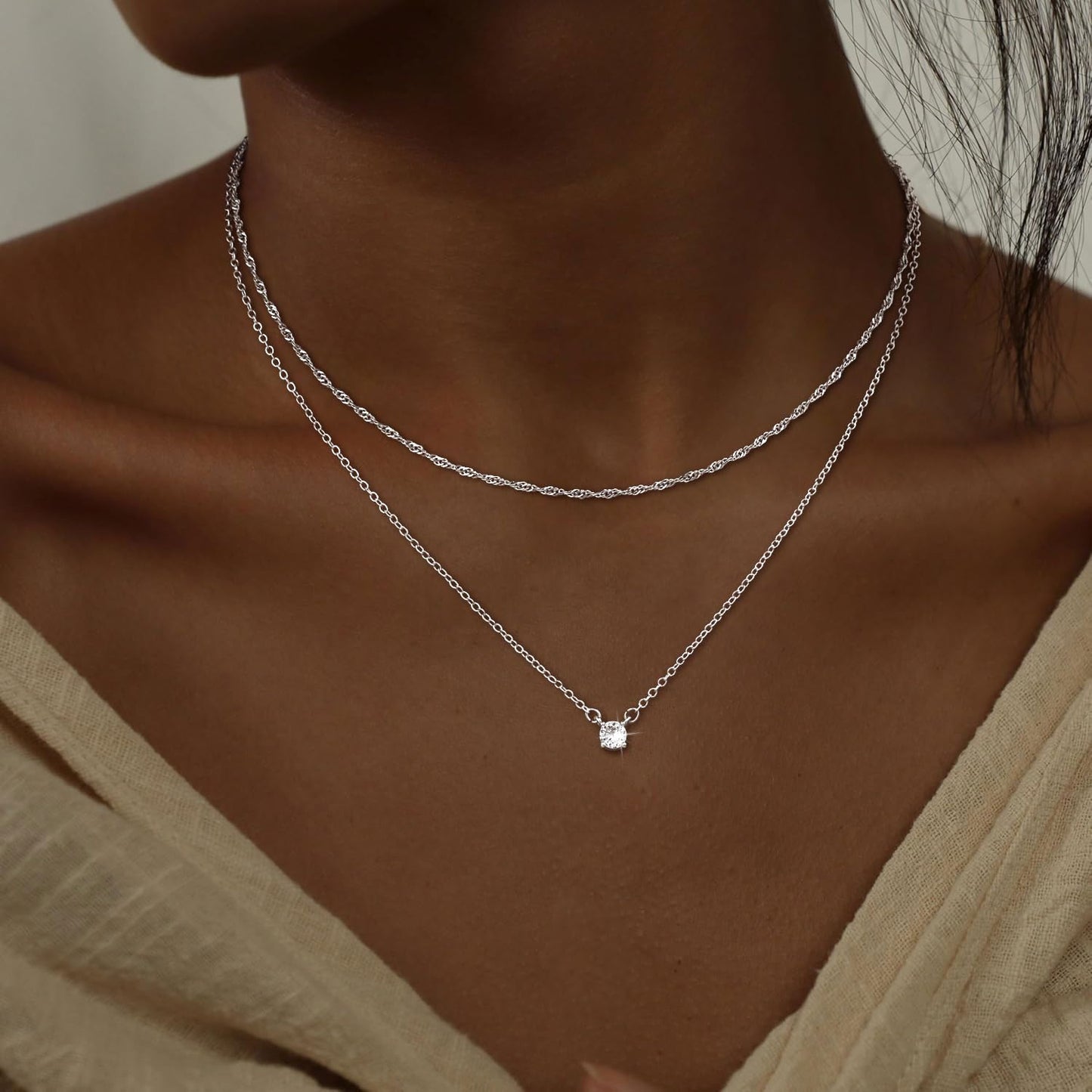 CHESKY Layered Silver Necklaces for Women Trendy,Dainty Stackable Charm Necklaces for Womens Layering CZ Pendant Necklaces Stack Silver Jewelry Set for Women Gifts